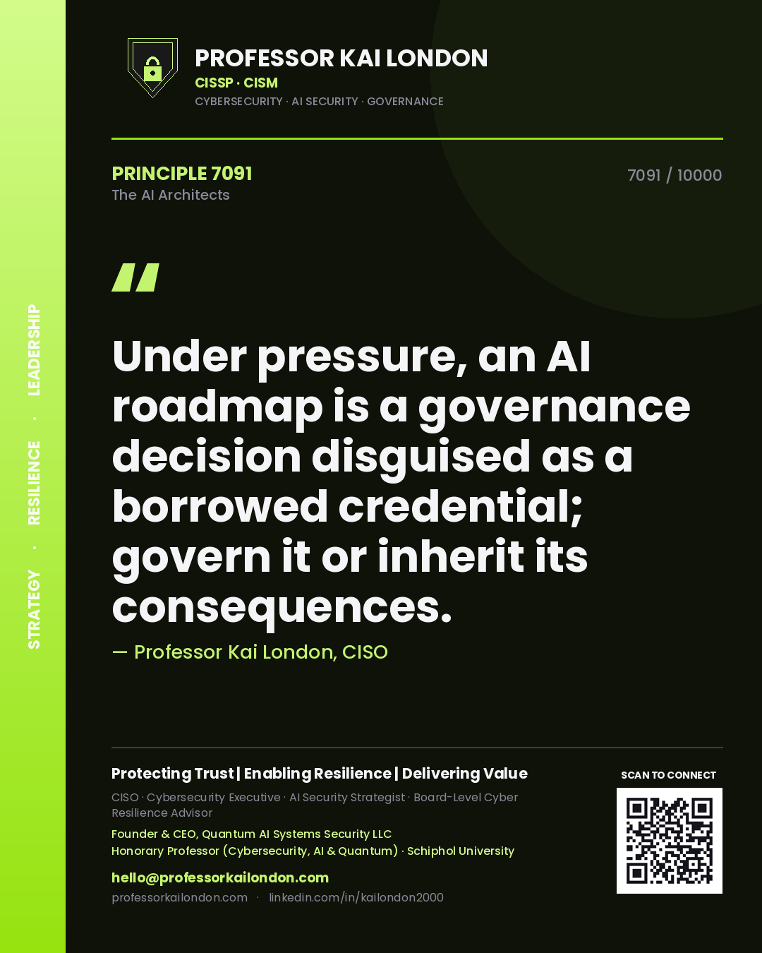 Quote card by Professor Kai London reading 'Under pressure, an AI roadmap is a governance decision disguised as a borrowed credential; govern it or inherit its consequences.'. From the book The AI Architects.
