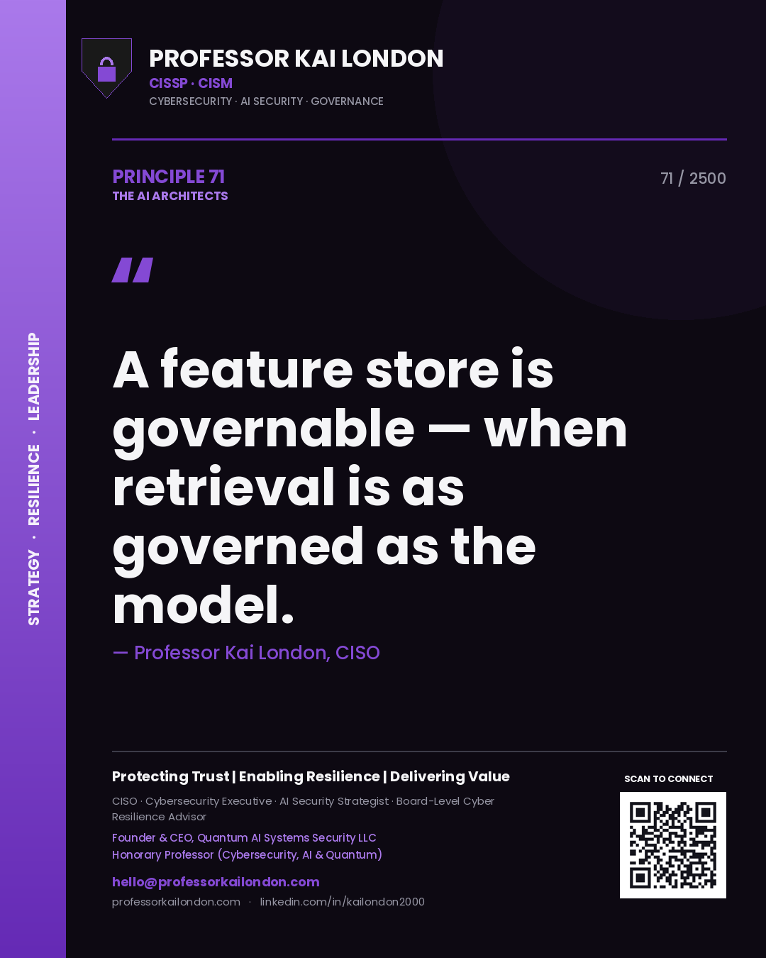 Professor Kai London principle 71: A feature store is governable — when retrieval is as governed as the model.
