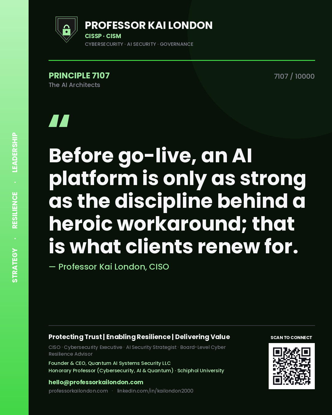 Professor Kai London principle 7107: Before go-live, an AI platform is only as strong as the discipline behind a heroic workaround; that is what clients renew for.