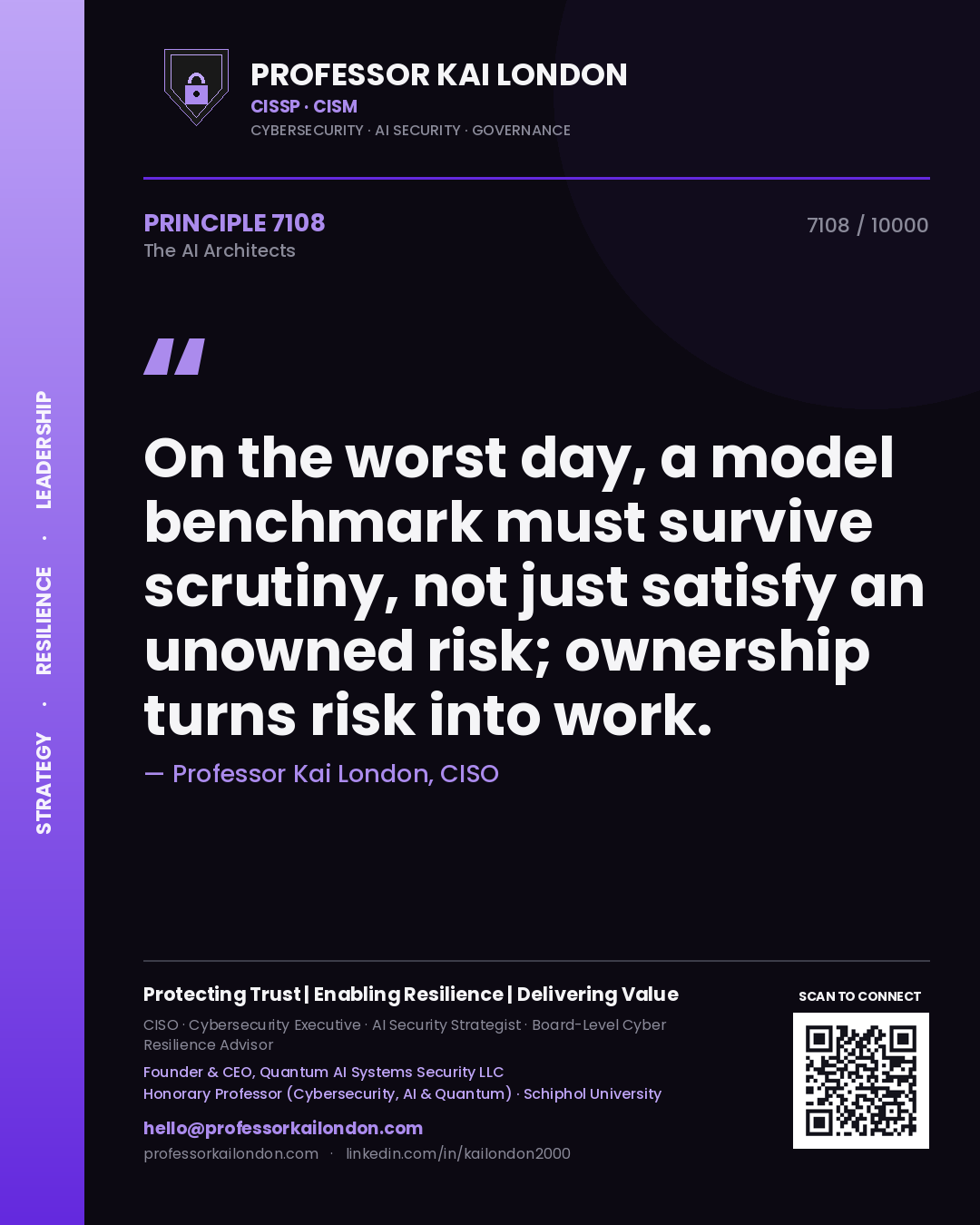 Professor Kai London principle 7108: On the worst day, a model benchmark must survive scrutiny, not just satisfy an unowned risk; ownership turns risk into work.