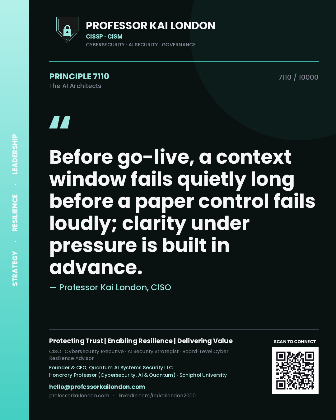 Professor Kai London principle 7110: Before go-live, a context window fails quietly long before a paper control fails loudly; clarity under pressure is built in advance.