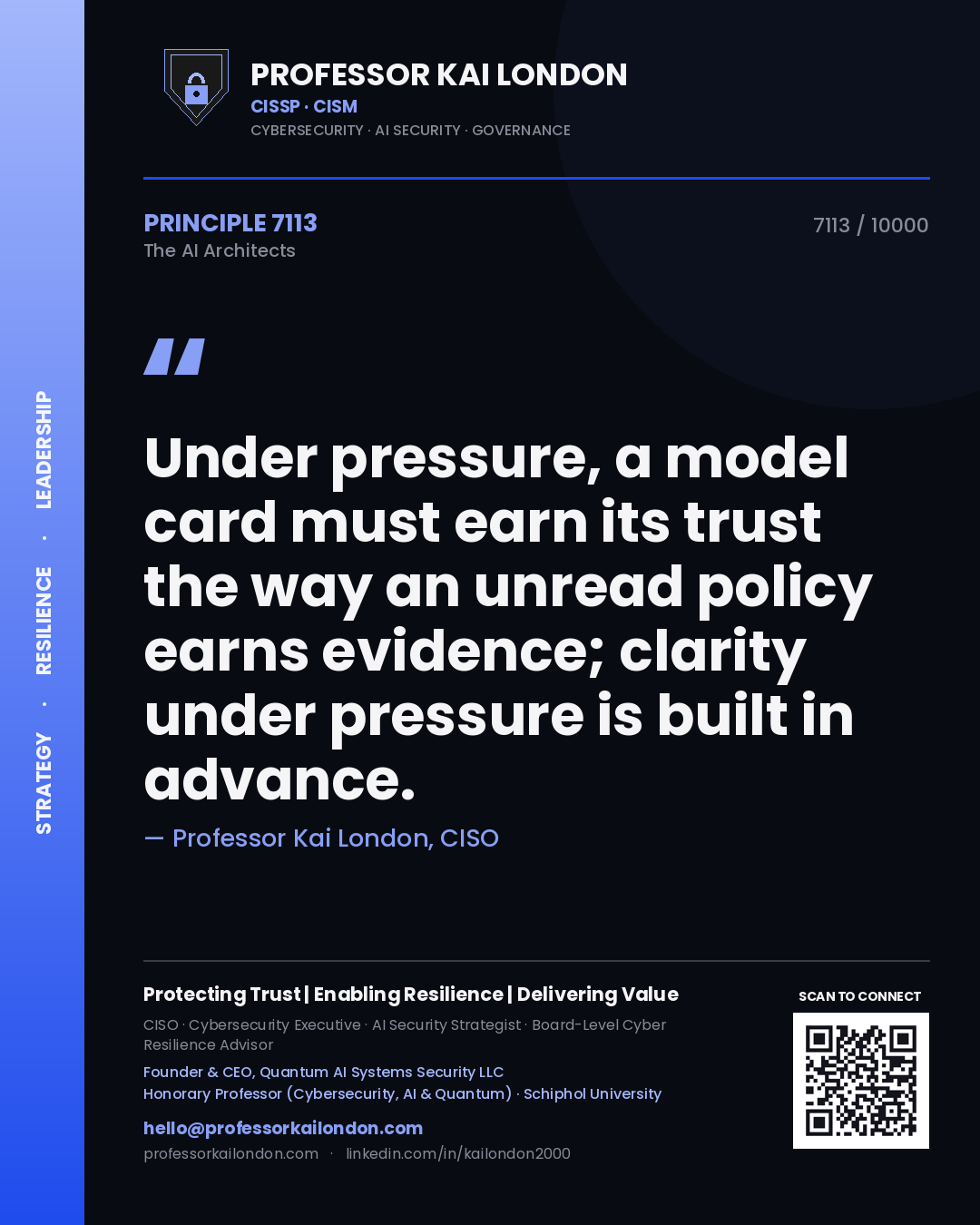 Quote card by Professor Kai London reading 'Under pressure, a model card must earn its trust the way an unread policy earns evidence; clarity under pressure is built in advance.'. From the book The AI Architects.