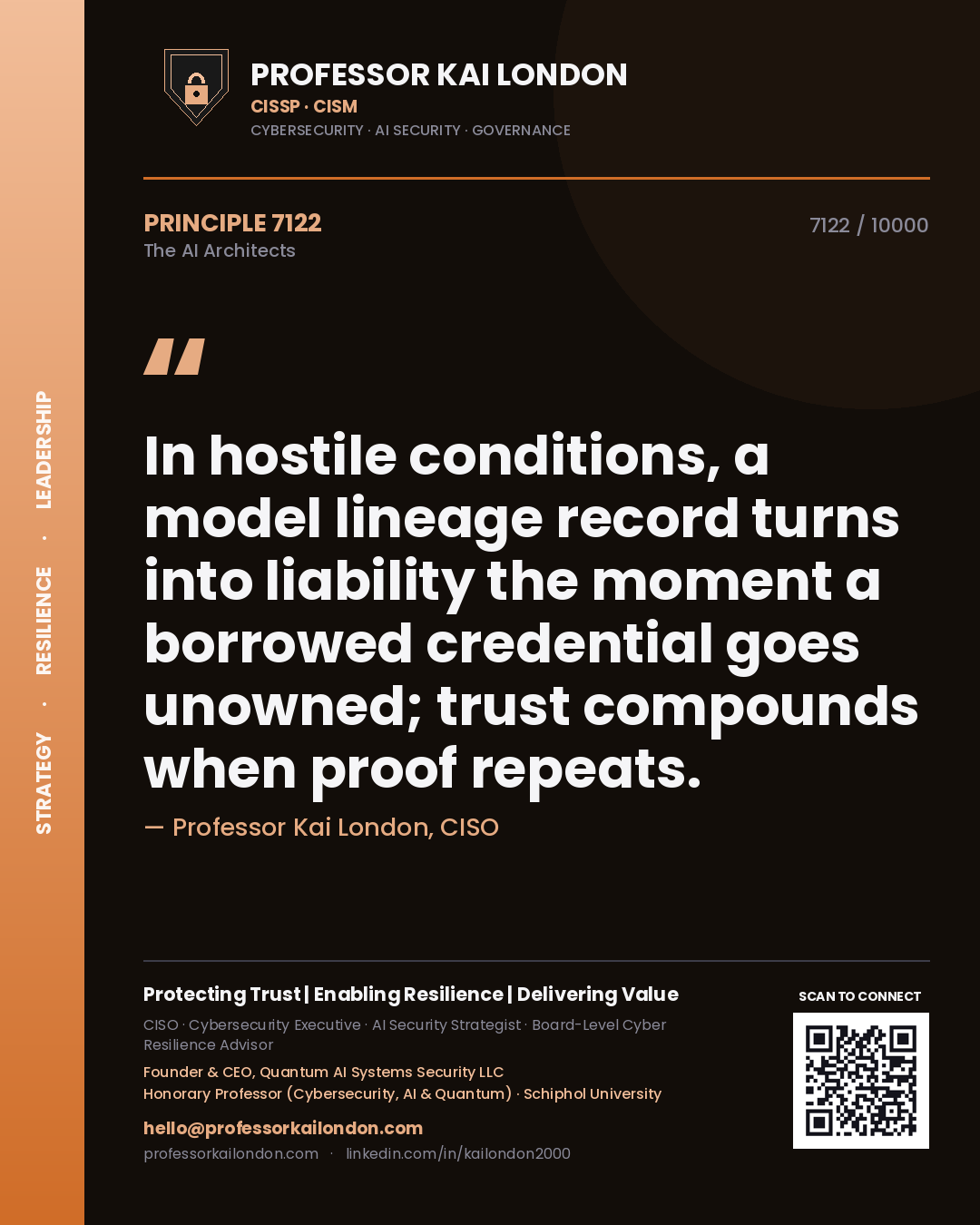 Quote card by Professor Kai London reading 'In hostile conditions, a model lineage record turns into liability the moment a borrowed credential goes unowned; trust compounds when proof repeats.'. From the book The AI Architects.