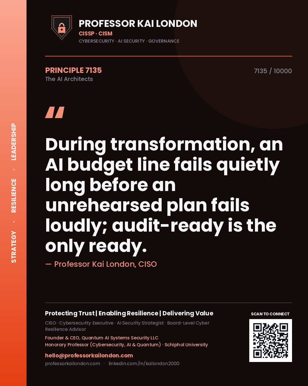Professor Kai London principle 7135: During transformation, an AI budget line fails quietly long before an unrehearsed plan fails loudly; audit-ready is the only ready.