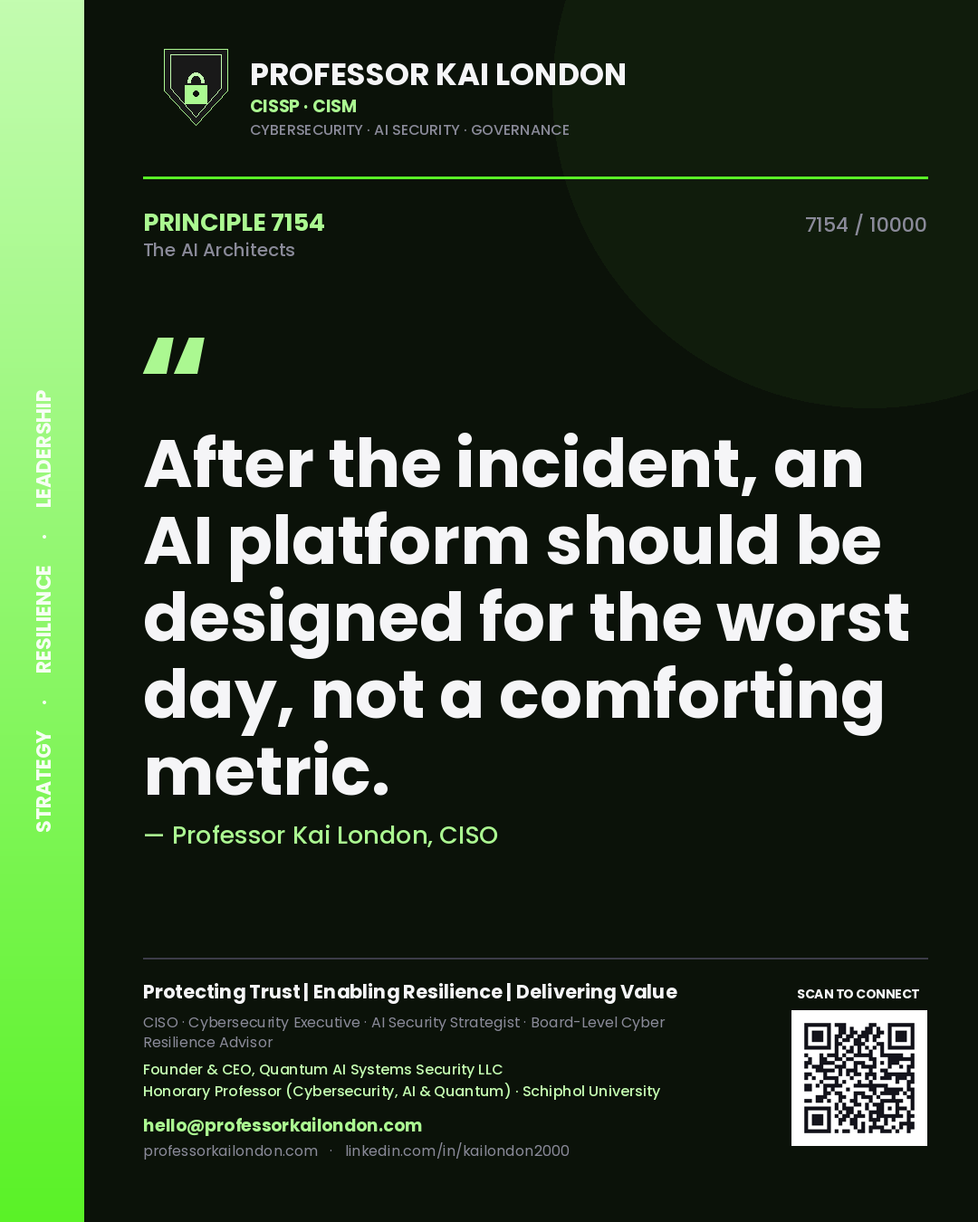 Quote card by Professor Kai London reading 'After the incident, an AI platform should be designed for the worst day, not a comforting metric.'. From the book The AI Architects.