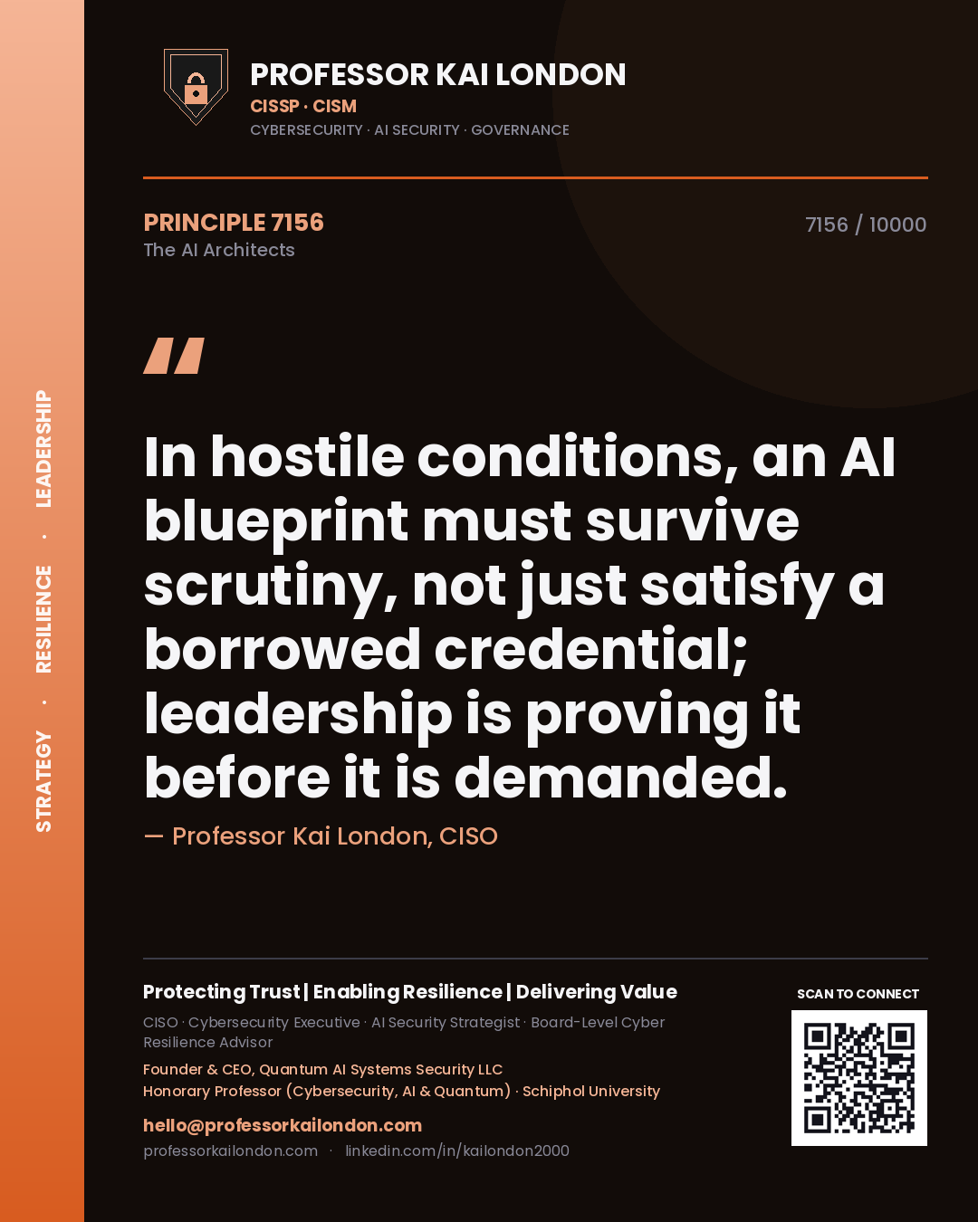 Quote card by Professor Kai London reading 'In hostile conditions, an AI blueprint must survive scrutiny, not just satisfy a borrowed credential; leadership is proving it before it is demanded.'. From the book The AI Architects.