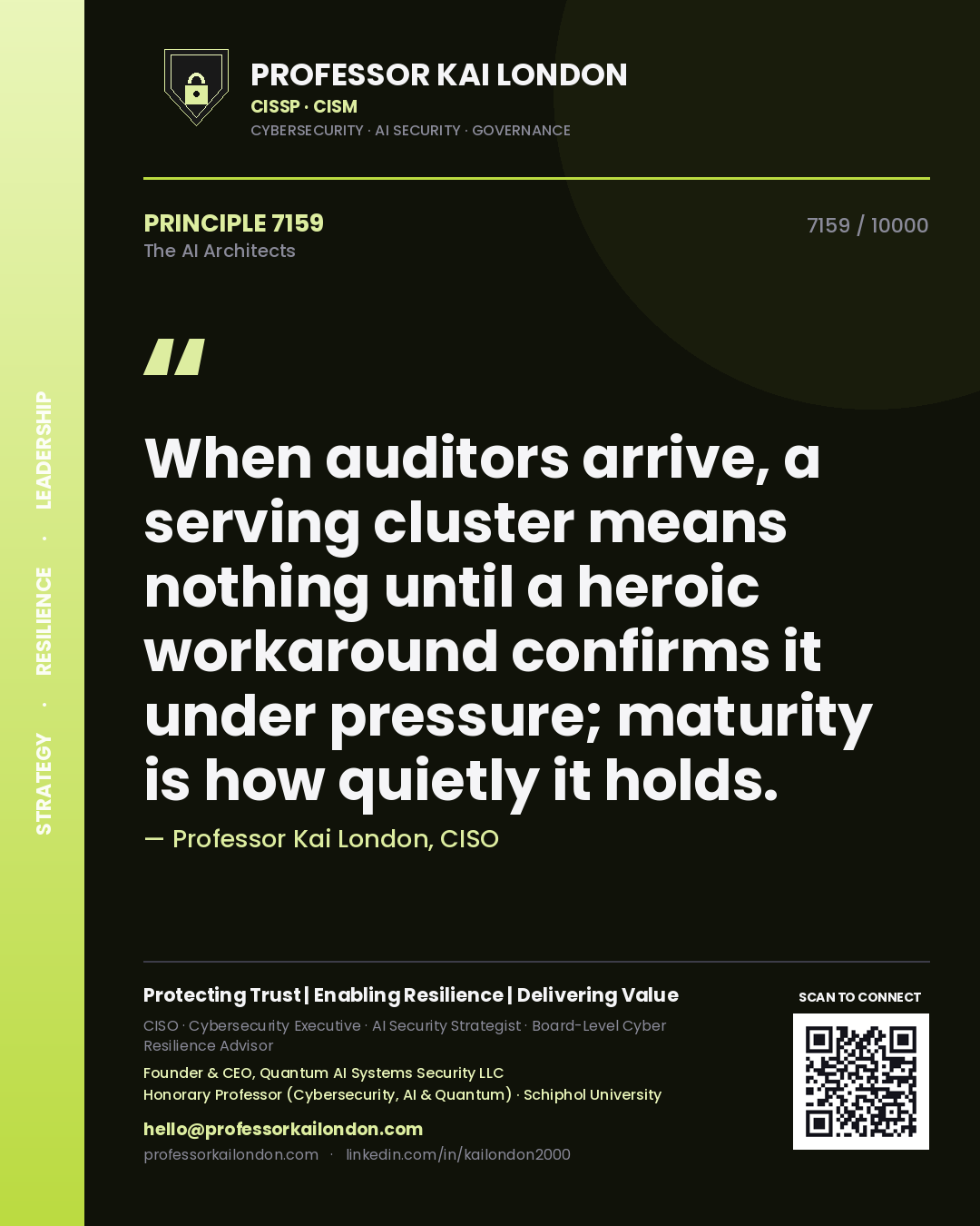 Professor Kai London principle 7159: When auditors arrive, a serving cluster means nothing until a heroic workaround confirms it under pressure; maturity is how quietly it holds.