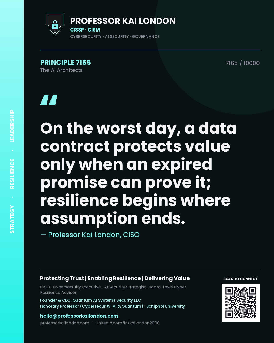 Quote card by Professor Kai London reading 'On the worst day, a data contract protects value only when an expired promise can prove it; resilience begins where assumption ends.'. From the book The AI Architects.