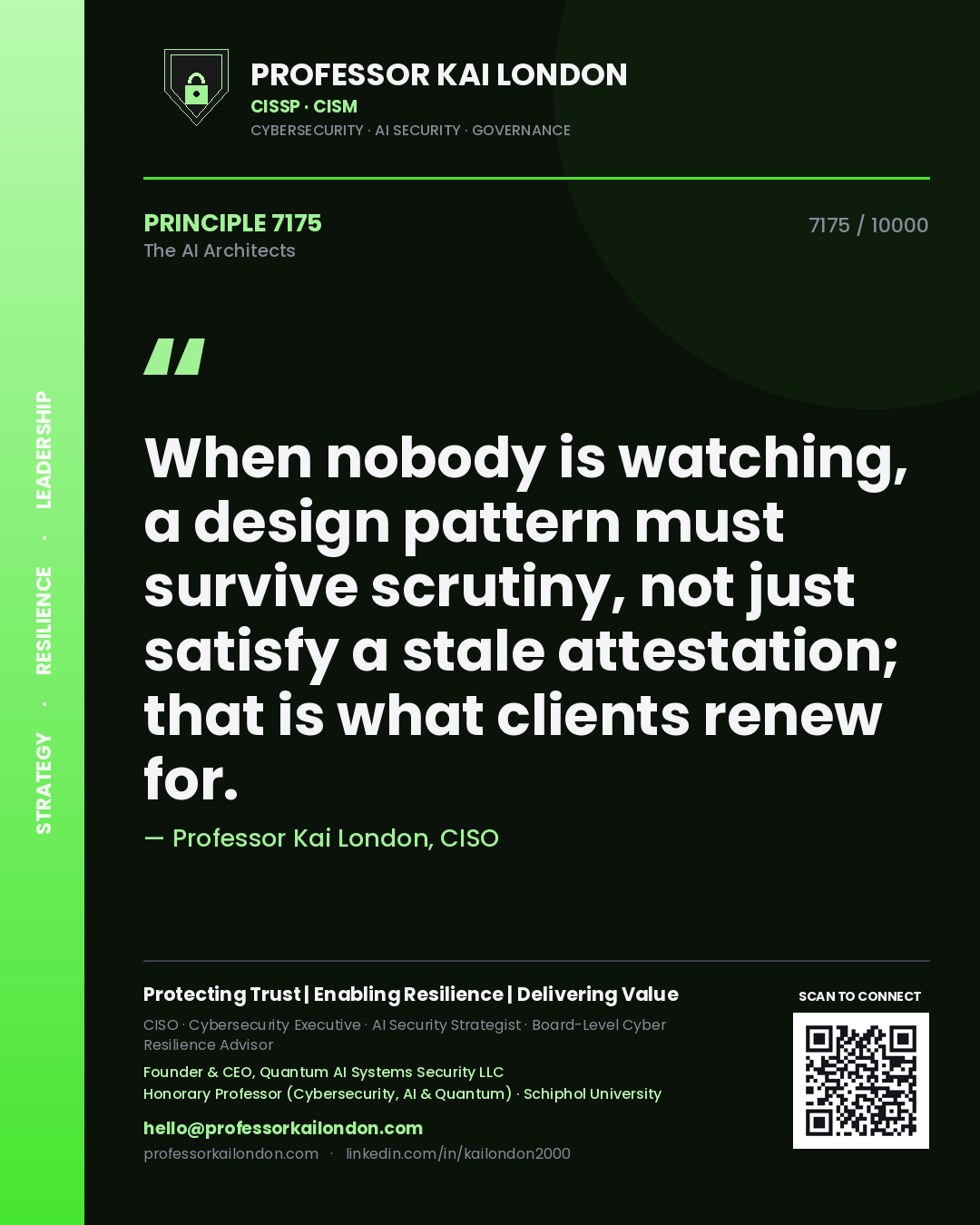 Quote card by Professor Kai London reading 'When nobody is watching, a design pattern must survive scrutiny, not just satisfy a stale attestation; that is what clients renew for.'. From the book The AI Architects.