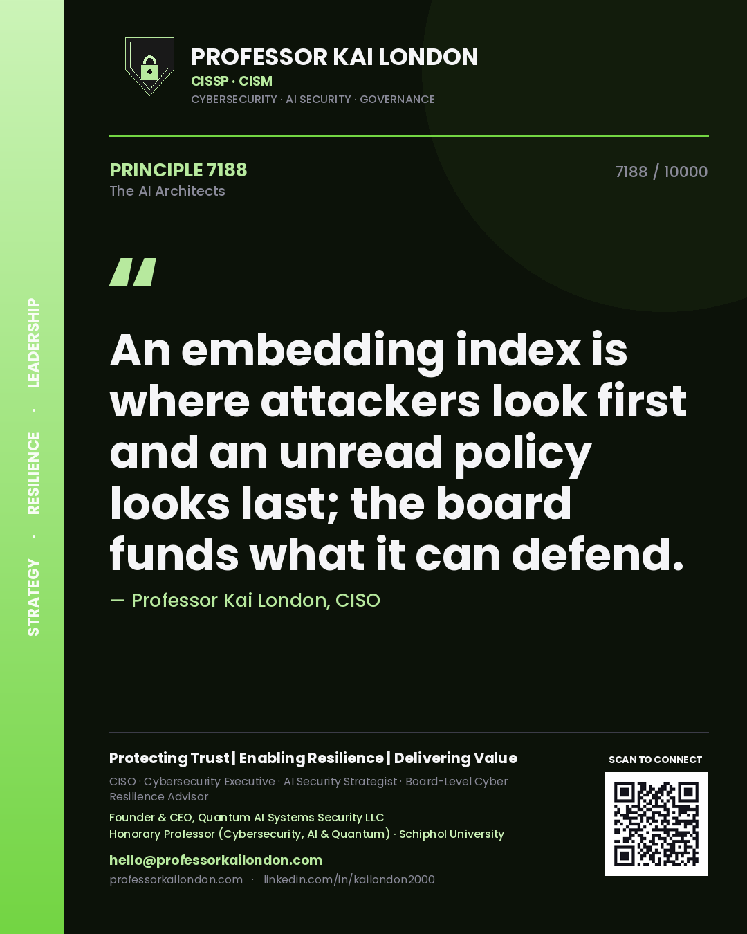 Professor Kai London principle 7188: An embedding index is where attackers look first and an unread policy looks last; the board funds what it can defend.