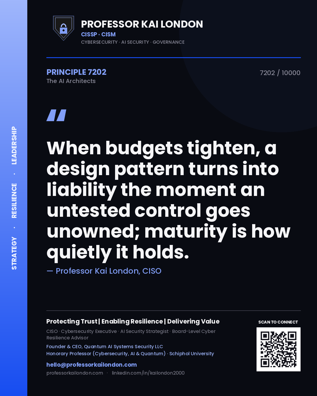 Professor Kai London principle 7202: When budgets tighten, a design pattern turns into liability the moment an untested control goes unowned; maturity is how quietly it holds.