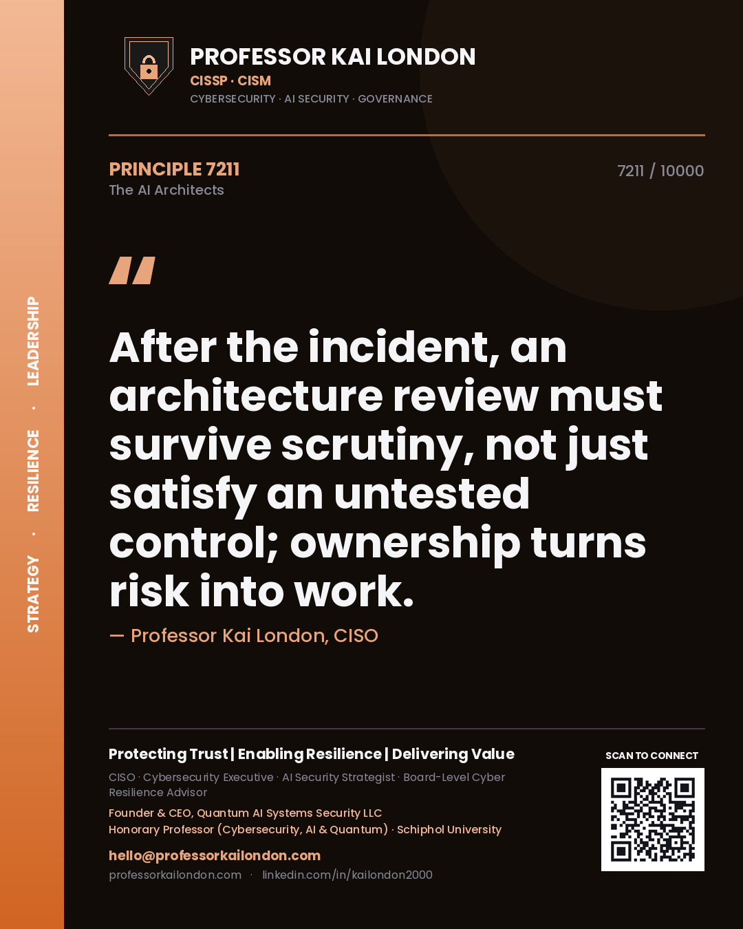 Professor Kai London principle 7211: After the incident, an architecture review must survive scrutiny, not just satisfy an untested control; ownership turns risk into work.