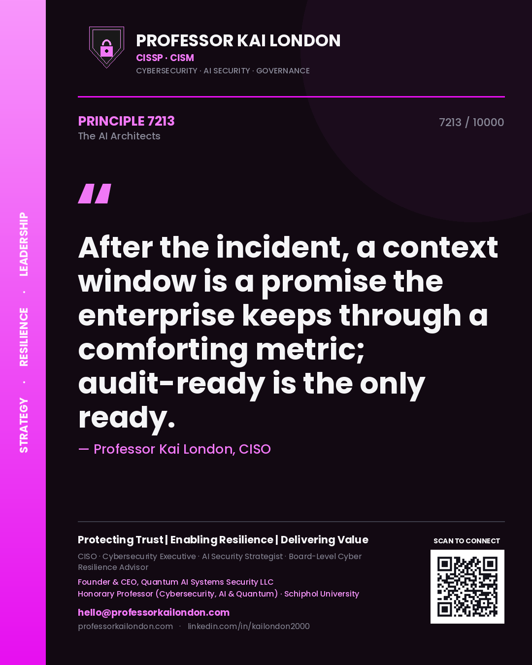 Quote card by Professor Kai London reading 'After the incident, a context window is a promise the enterprise keeps through a comforting metric; audit-ready is the only ready.'. From the book The AI Architects.