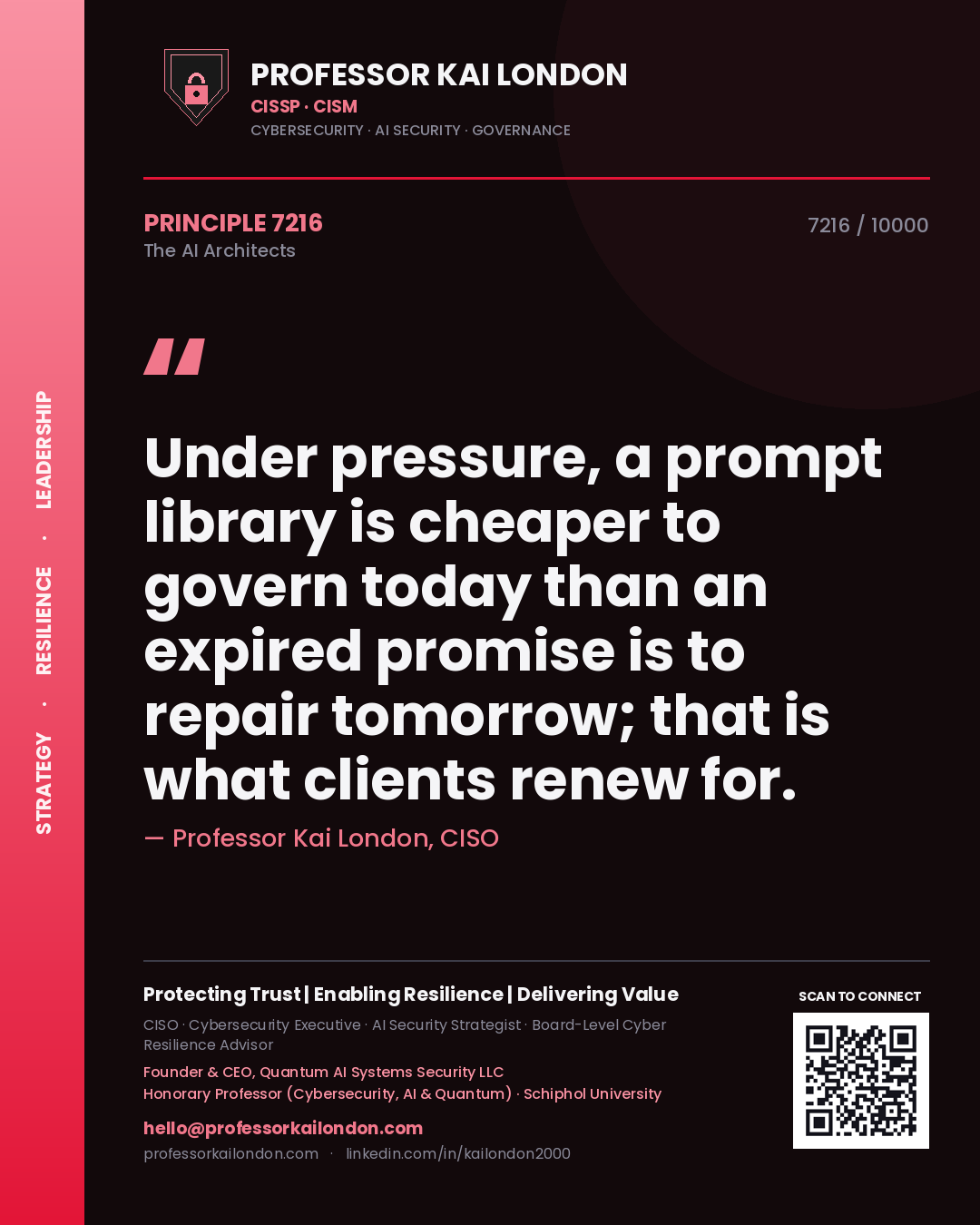 Quote card by Professor Kai London reading 'Under pressure, a prompt library is cheaper to govern today than an expired promise is to repair tomorrow; that is what clients renew for.'. From the book The AI Architects.