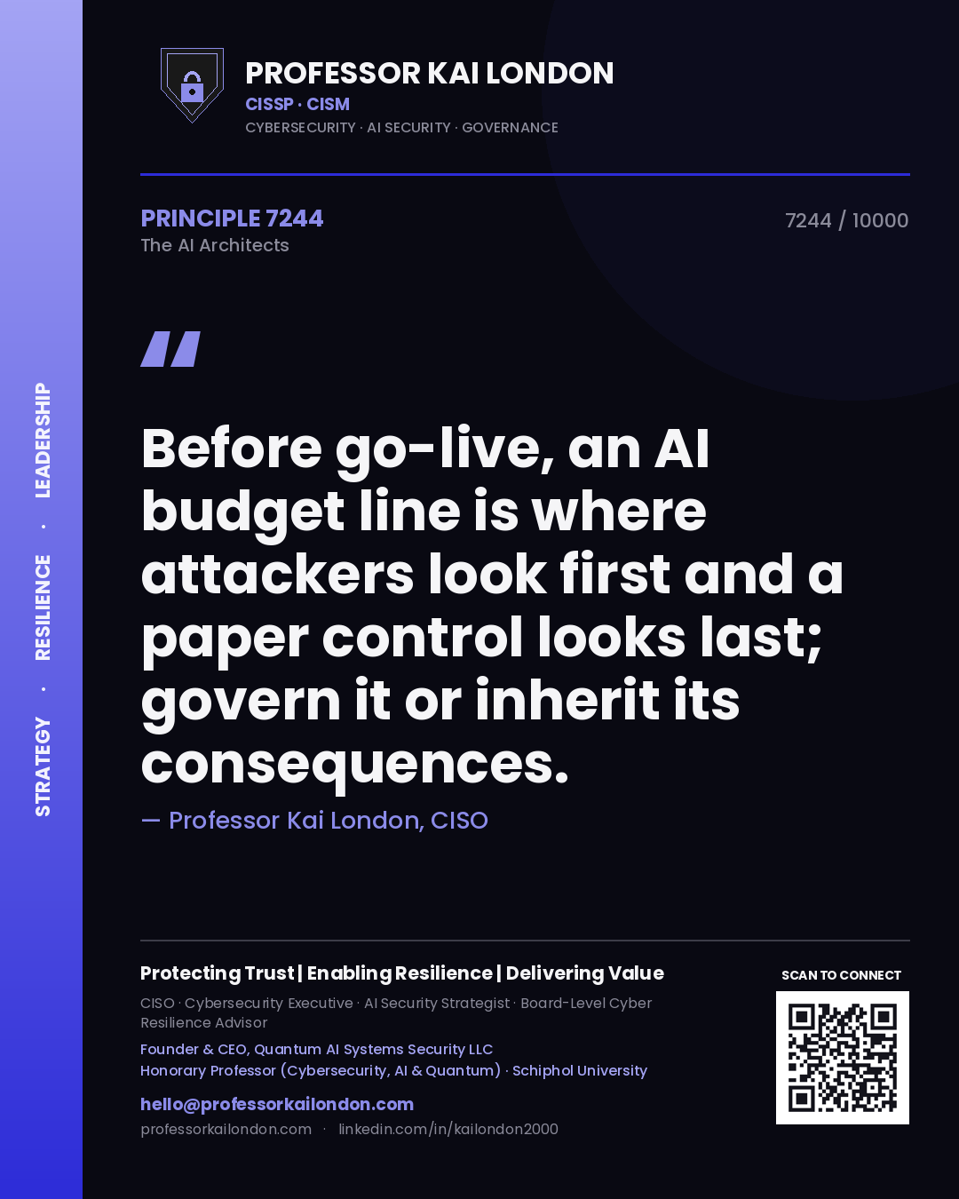 Professor Kai London principle 7244: Before go-live, an AI budget line is where attackers look first and a paper control looks last; govern it or inherit its consequences.