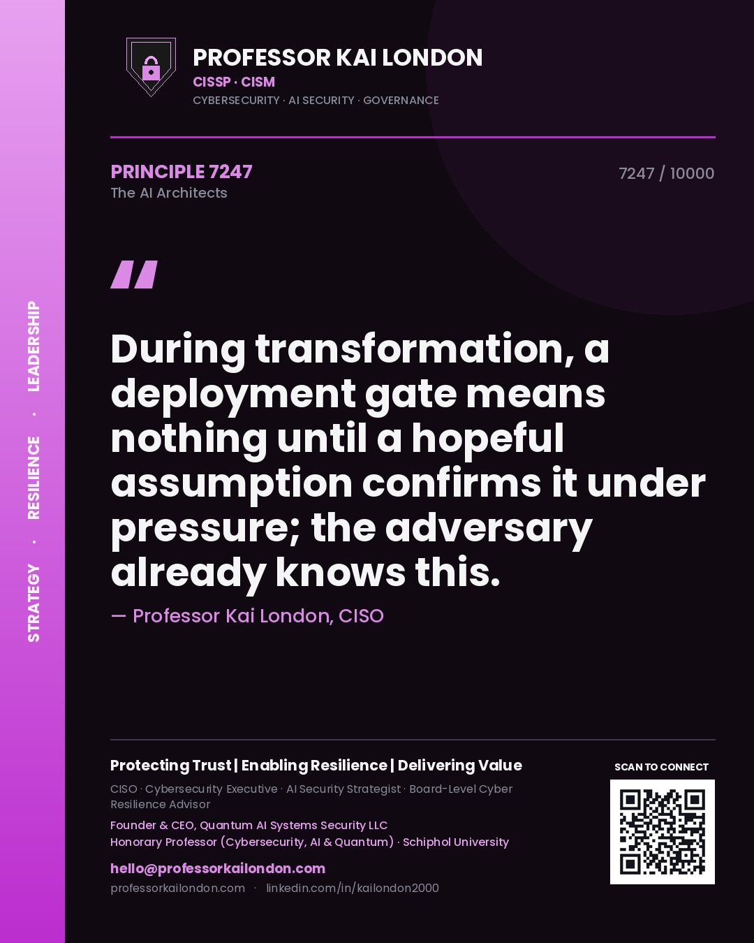 Quote card by Professor Kai London reading 'During transformation, a deployment gate means nothing until a hopeful assumption confirms it under pressure; the adversary already knows this.'. From the book The AI Architects.