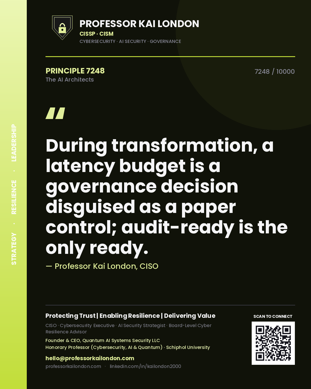 Professor Kai London principle 7248: During transformation, a latency budget is a governance decision disguised as a paper control; audit-ready is the only ready.