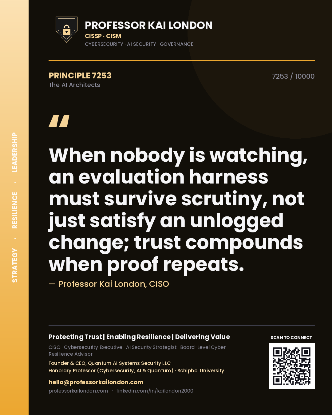Quote card by Professor Kai London reading 'When nobody is watching, an evaluation harness must survive scrutiny, not just satisfy an unlogged change; trust compounds when proof repeats.'. From the book The AI Architects.