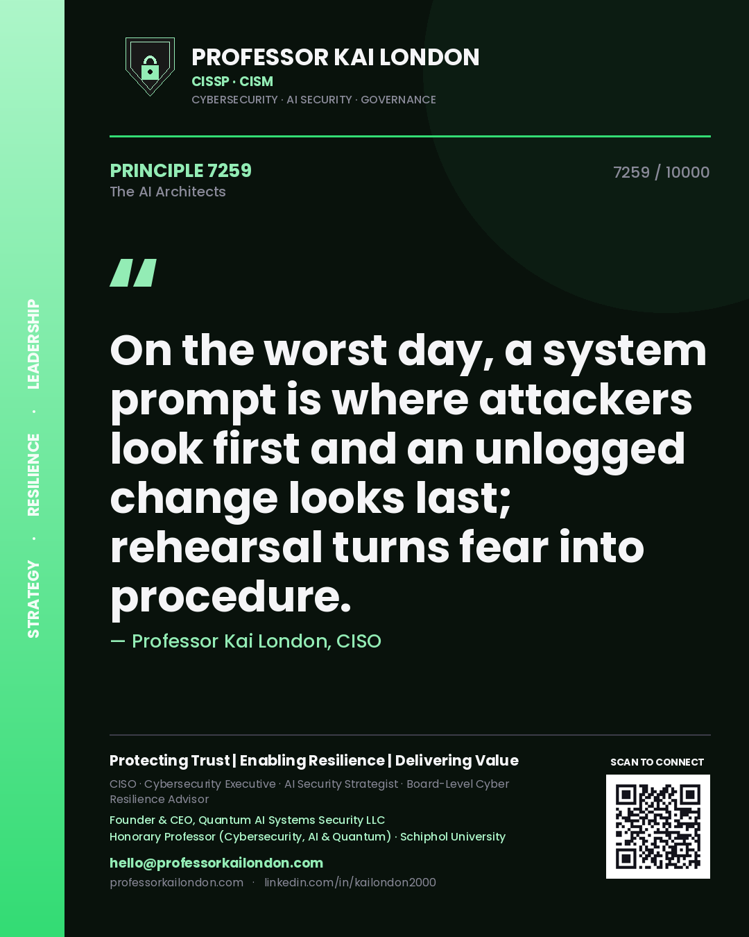 Professor Kai London principle 7259: On the worst day, a system prompt is where attackers look first and an unlogged change looks last; rehearsal turns fear into procedure.
