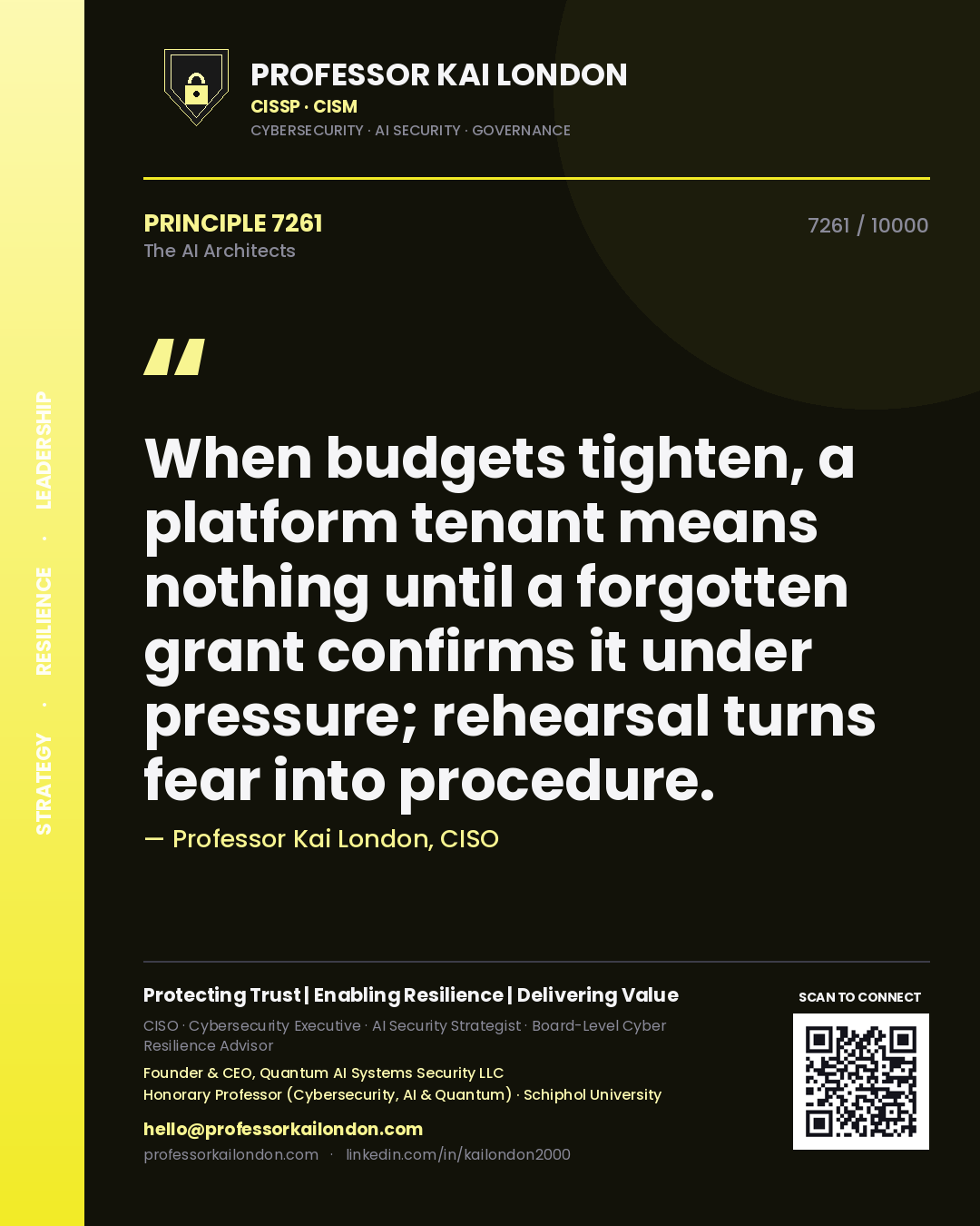 Professor Kai London principle 7261: When budgets tighten, a platform tenant means nothing until a forgotten grant confirms it under pressure; rehearsal turns fear into procedure.