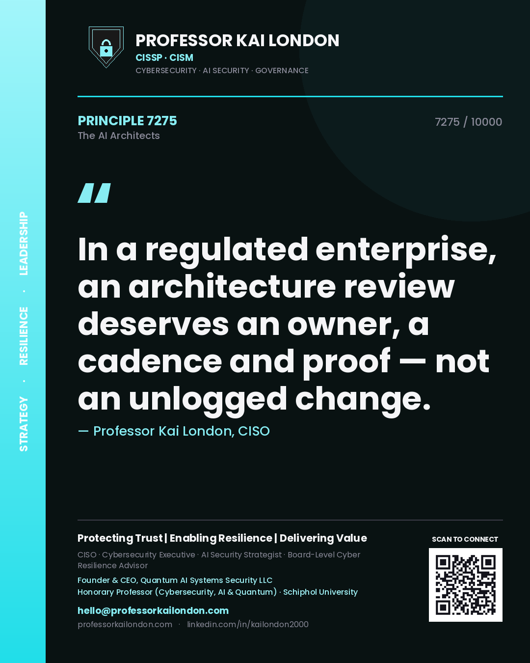 Quote card by Professor Kai London reading 'In a regulated enterprise, an architecture review deserves an owner, a cadence and proof — not an unlogged change.'. From the book The AI Architects.