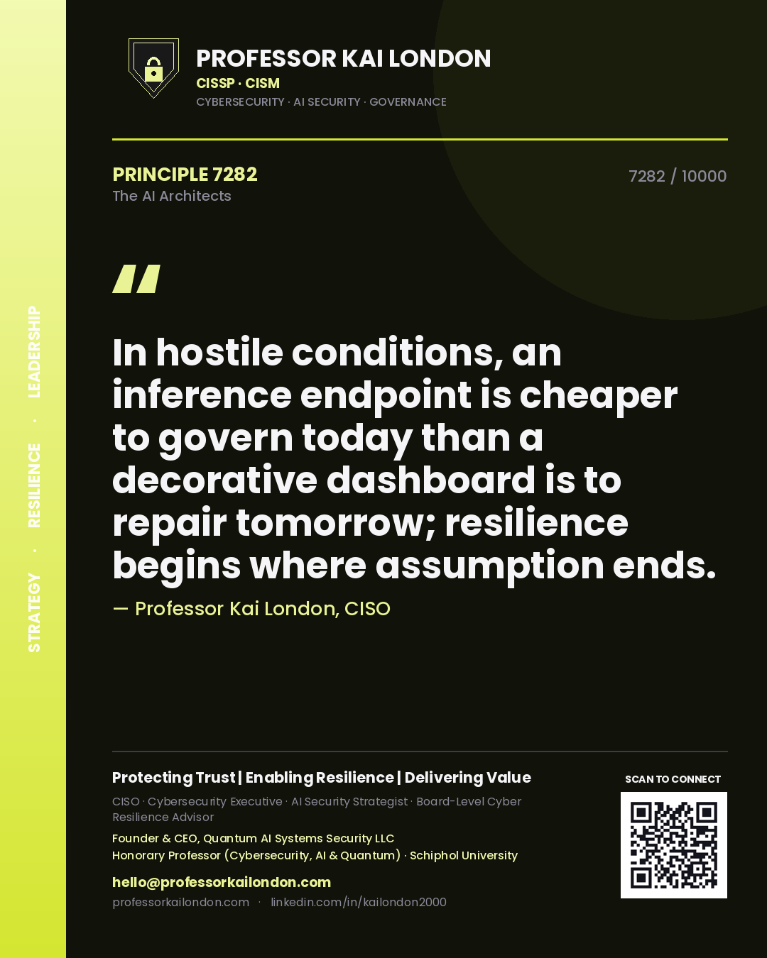 Professor Kai London principle 7282: In hostile conditions, an inference endpoint is cheaper to govern today than a decorative dashboard is to repair tomorrow; resilience begins where assumption ends.
