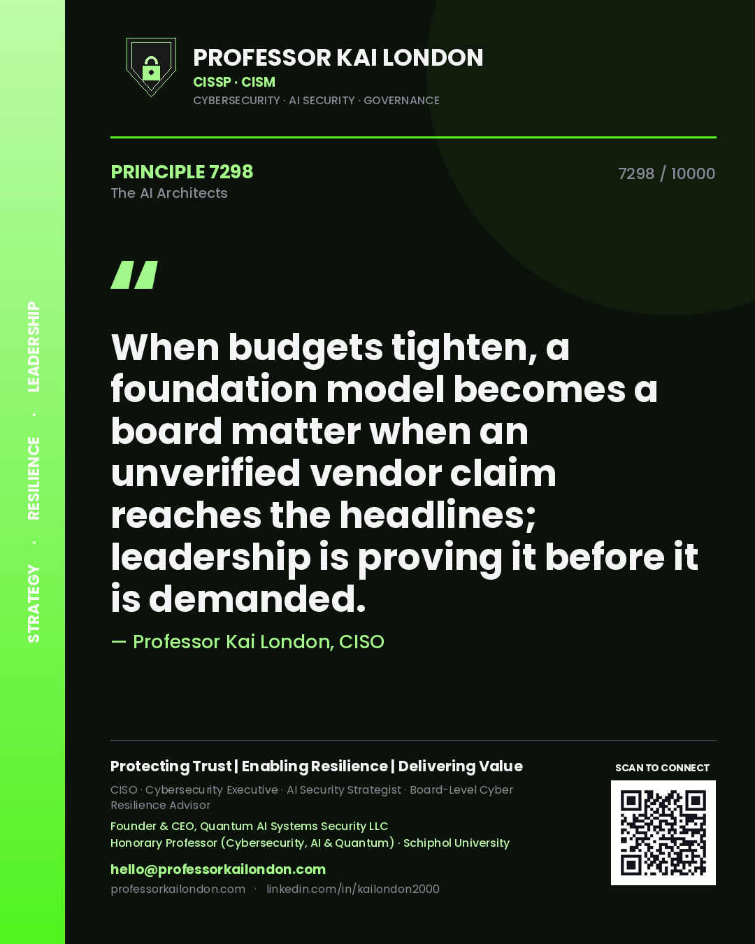 Professor Kai London principle 7298: When budgets tighten, a foundation model becomes a board matter when an unverified vendor claim reaches the headlines; leadership is proving it before it is demanded.
