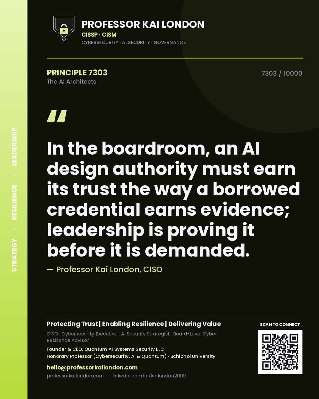 Quote card by Professor Kai London reading 'In the boardroom, an AI design authority must earn its trust the way a borrowed credential earns evidence; leadership is proving it before it is demanded.'. From the book The AI Architects.