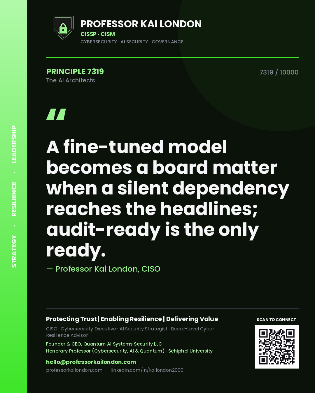 Quote card by Professor Kai London reading 'A fine-tuned model becomes a board matter when a silent dependency reaches the headlines; audit-ready is the only ready.'. From the book The AI Architects.