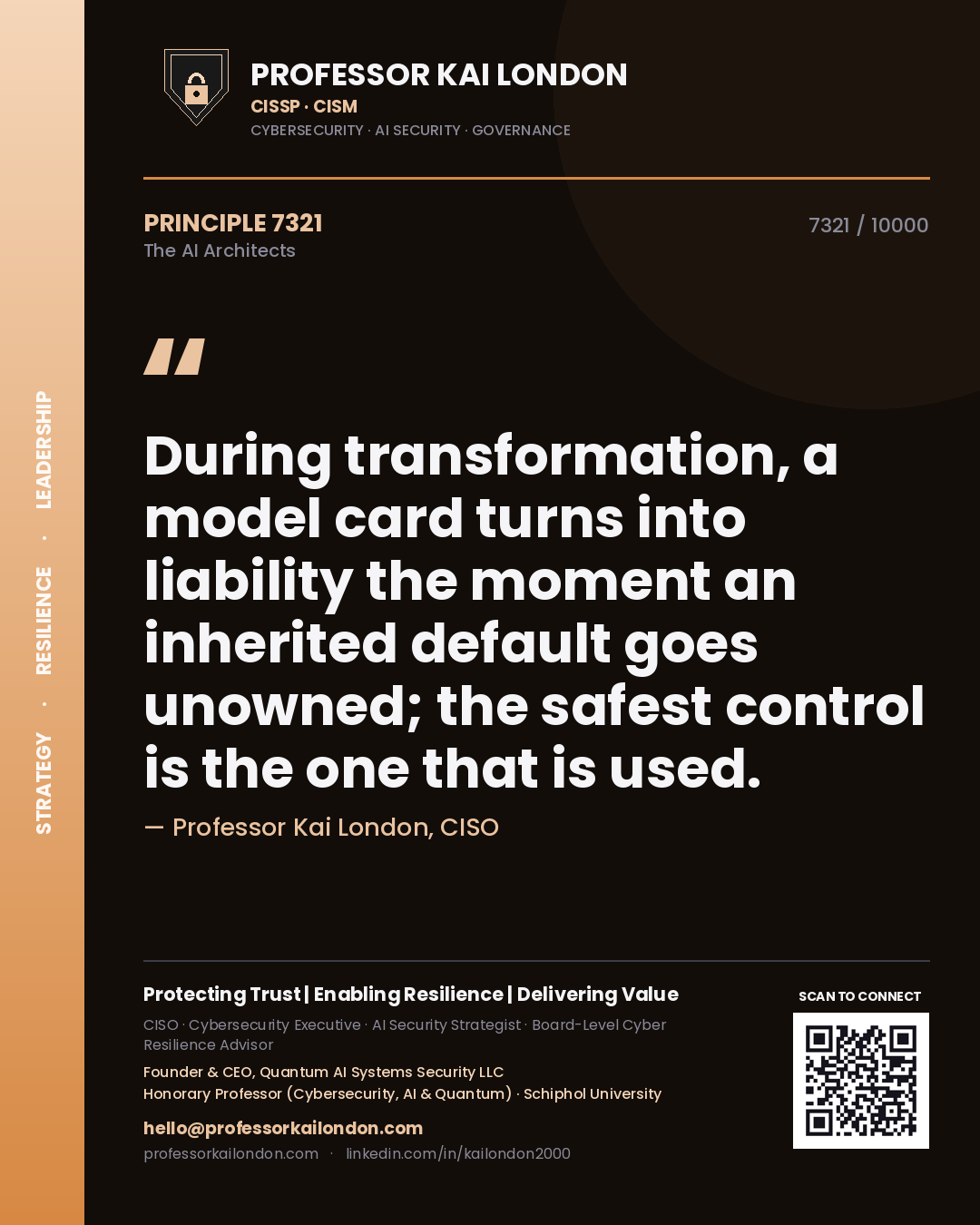 Quote card by Professor Kai London reading 'During transformation, a model card turns into liability the moment an inherited default goes unowned; the safest control is the one that is used.'. From the book The AI Architects.