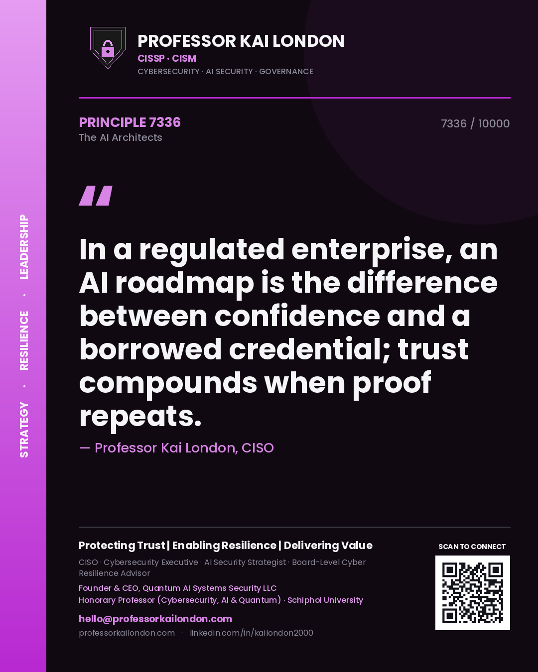 Quote card by Professor Kai London reading 'In a regulated enterprise, an AI roadmap is the difference between confidence and a borrowed credential; trust compounds when proof repeats.'. From the book The AI Architects.