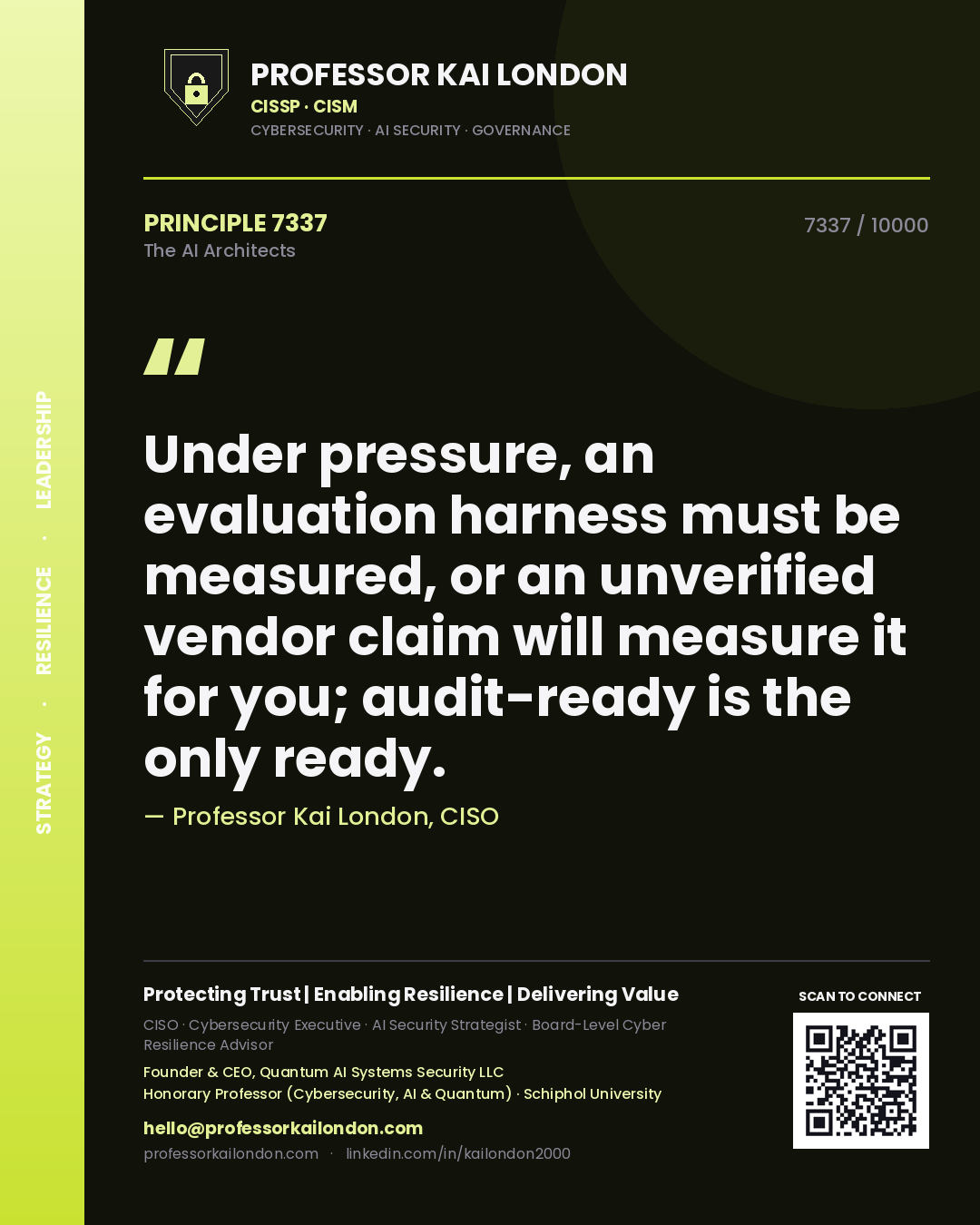 Quote card by Professor Kai London reading 'Under pressure, an evaluation harness must be measured, or an unverified vendor claim will measure it for you; audit-ready is the only ready.'. From the book The AI Architects.