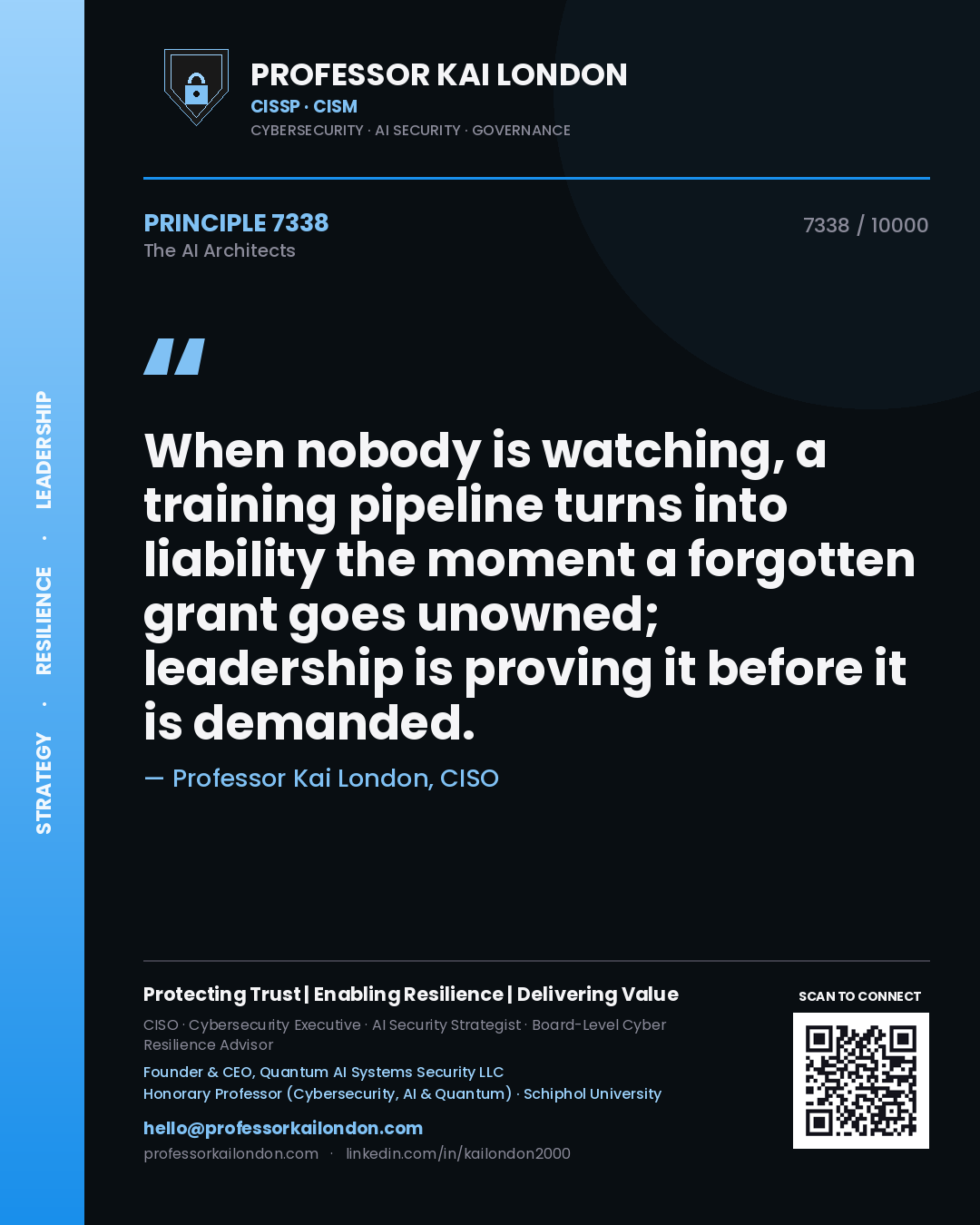 Quote card by Professor Kai London reading 'When nobody is watching, a training pipeline turns into liability the moment a forgotten grant goes unowned; leadership is proving it before it is demanded.'. From the book The AI Architects.