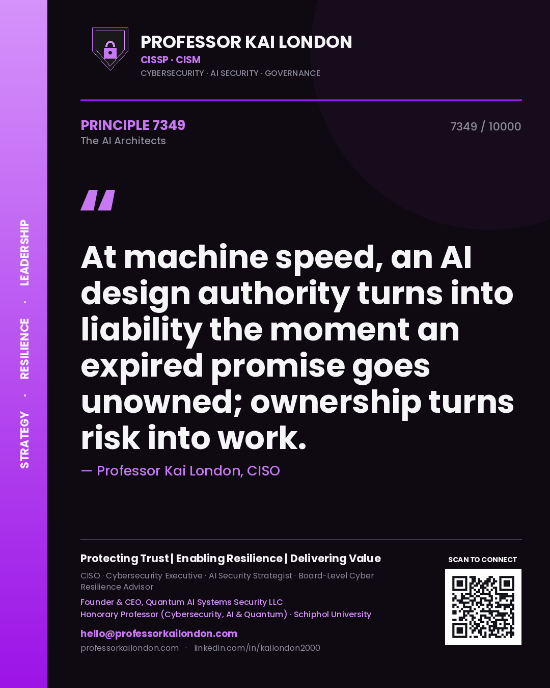 Quote card by Professor Kai London reading 'At machine speed, an AI design authority turns into liability the moment an expired promise goes unowned; ownership turns risk into work.'. From the book The AI Architects.