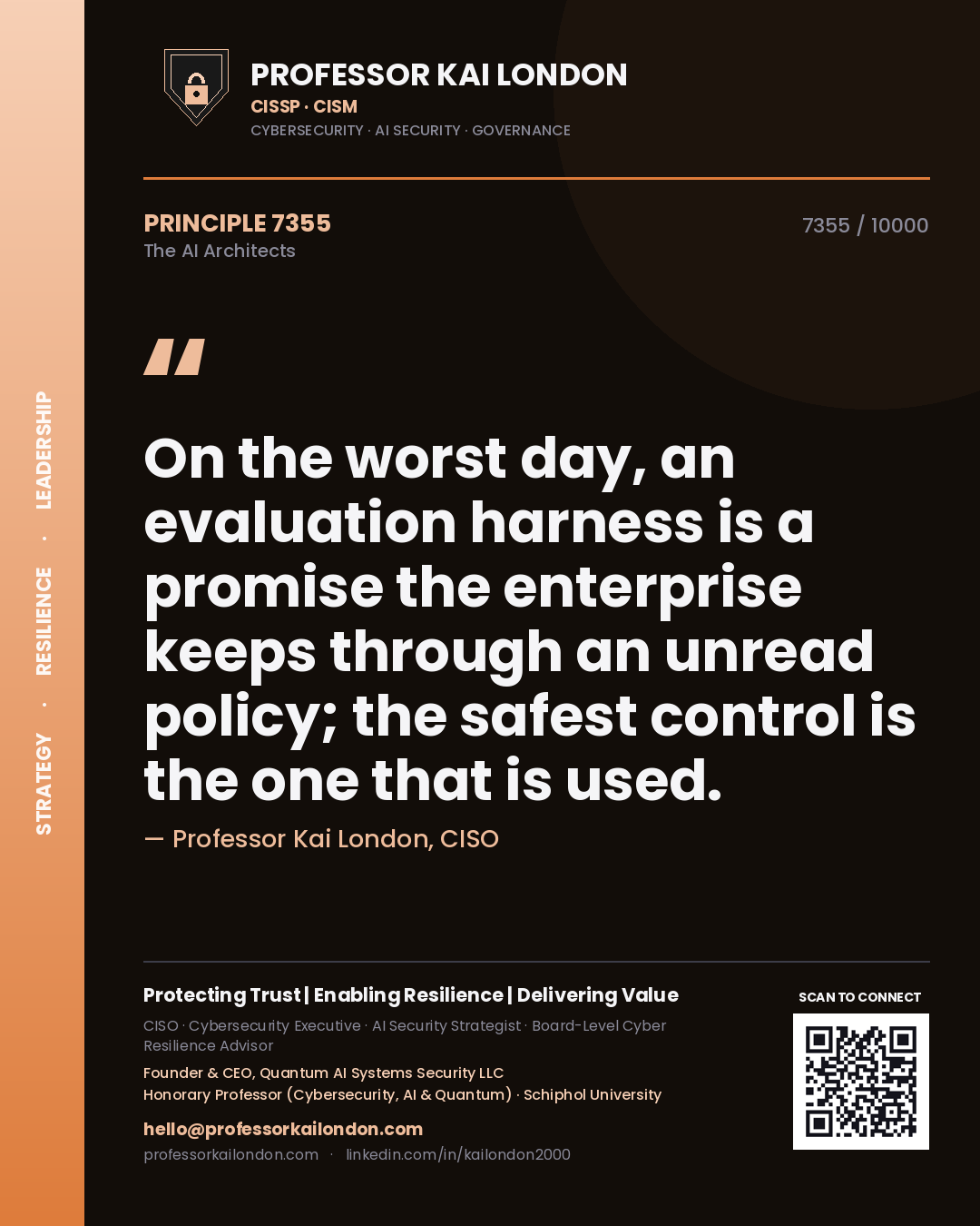 Quote card by Professor Kai London reading 'On the worst day, an evaluation harness is a promise the enterprise keeps through an unread policy; the safest control is the one that is used.'. From the book The AI Architects.