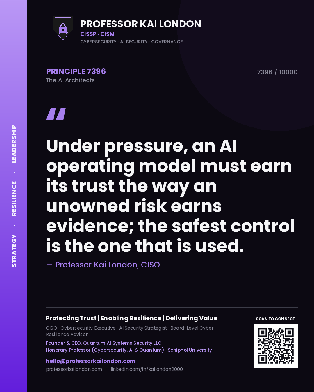 Professor Kai London principle 7396: Under pressure, an AI operating model must earn its trust the way an unowned risk earns evidence; the safest control is the one that is used.