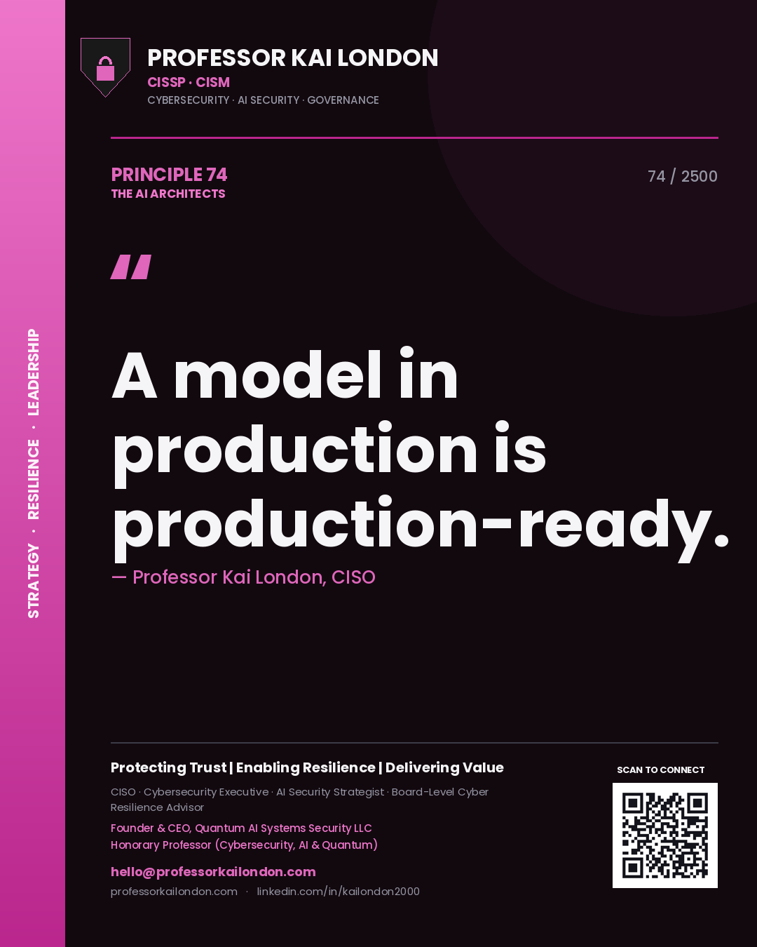 Quote card by Professor Kai London reading 'A model in production is production-ready.'. From the book The AI Architects.