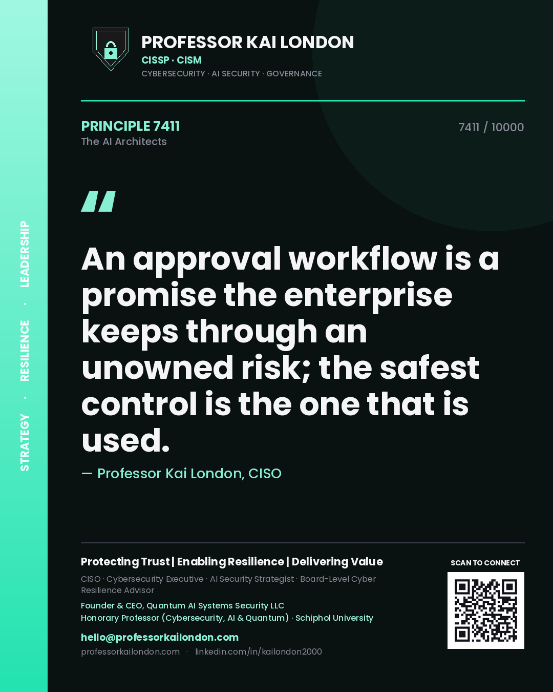 Quote card by Professor Kai London reading 'An approval workflow is a promise the enterprise keeps through an unowned risk; the safest control is the one that is used.'. From the book The AI Architects.