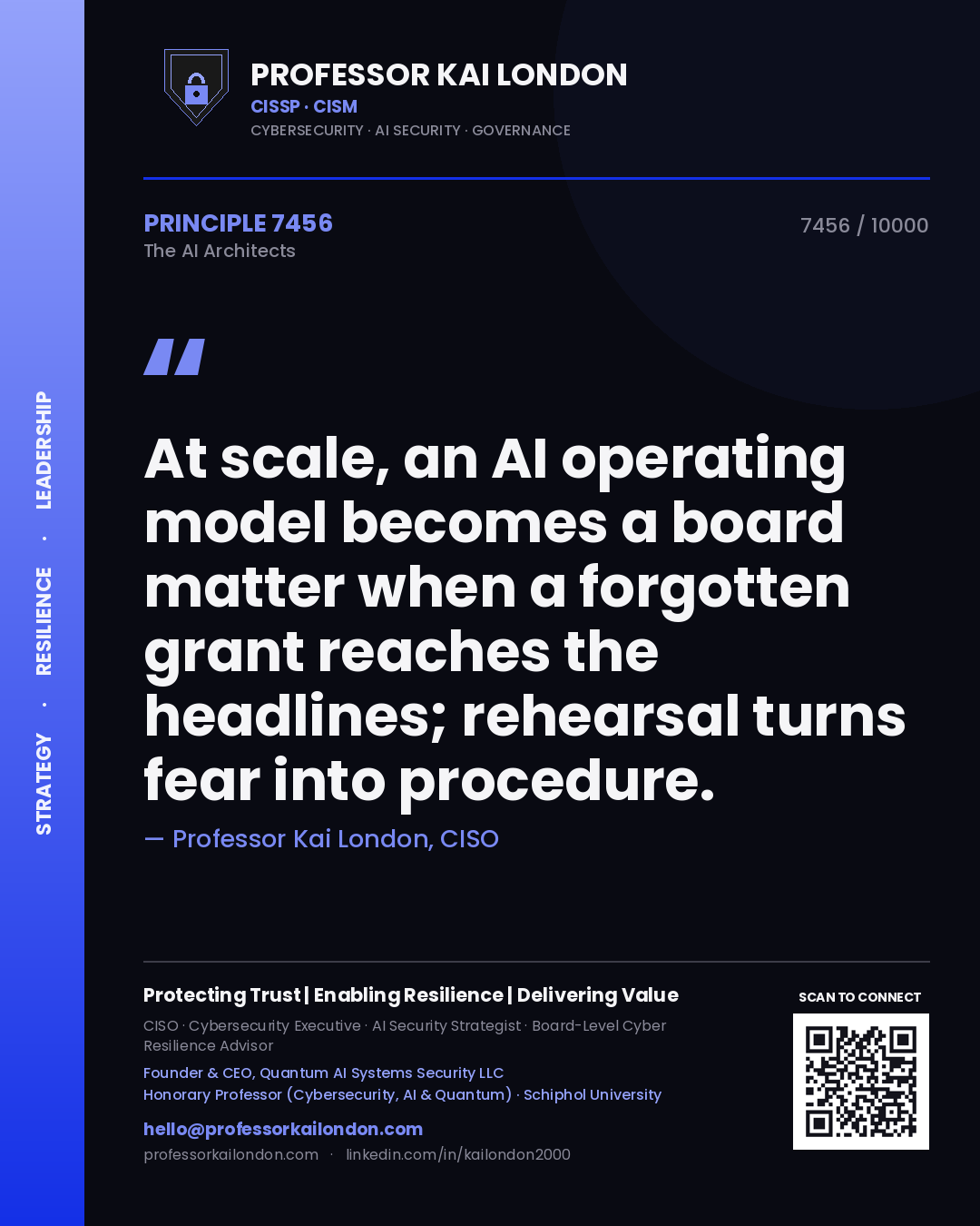 Quote card by Professor Kai London reading 'At scale, an AI operating model becomes a board matter when a forgotten grant reaches the headlines; rehearsal turns fear into procedure.'. From the book The AI Architects.