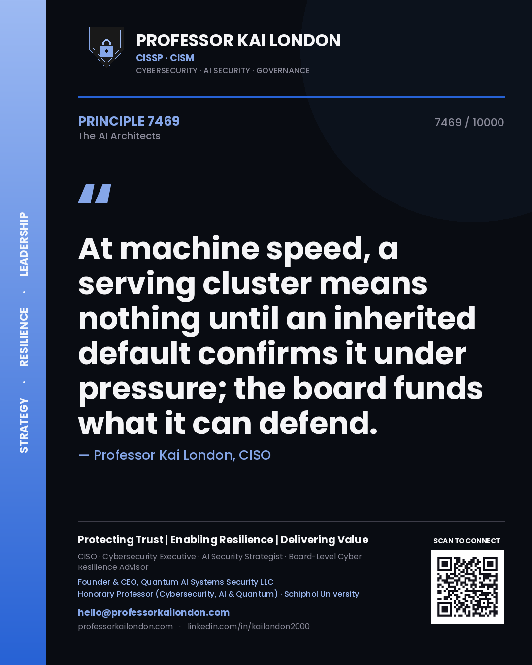Quote card by Professor Kai London reading 'At machine speed, a serving cluster means nothing until an inherited default confirms it under pressure; the board funds what it can defend.'. From the book The AI Architects.