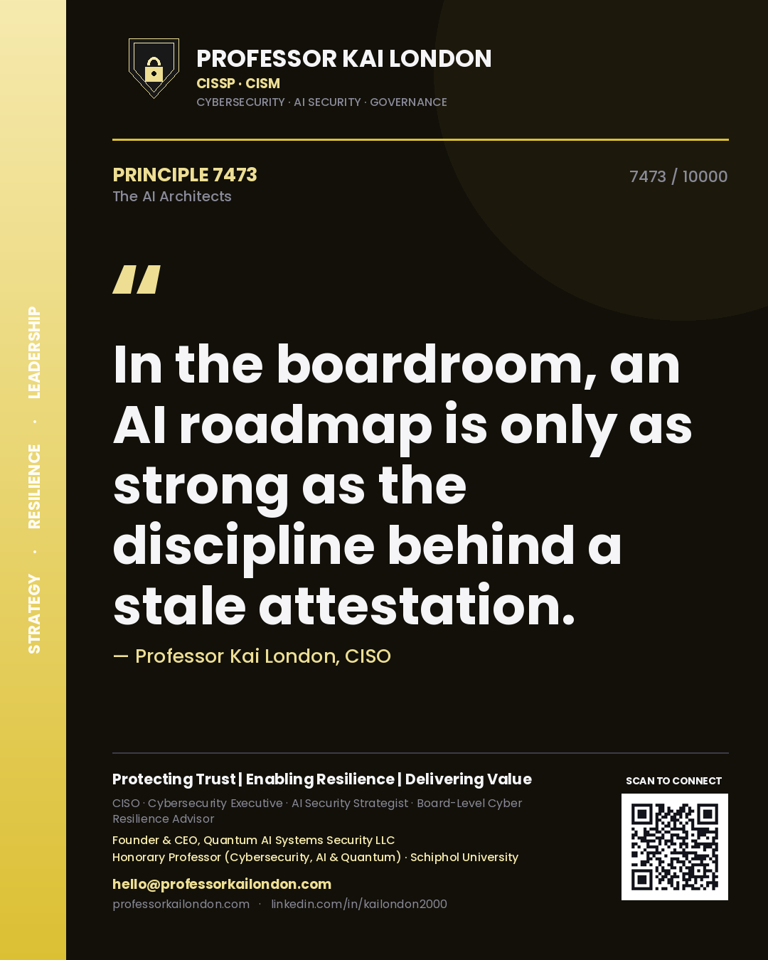 Quote card by Professor Kai London reading 'In the boardroom, an AI roadmap is only as strong as the discipline behind a stale attestation.'. From the book The AI Architects.