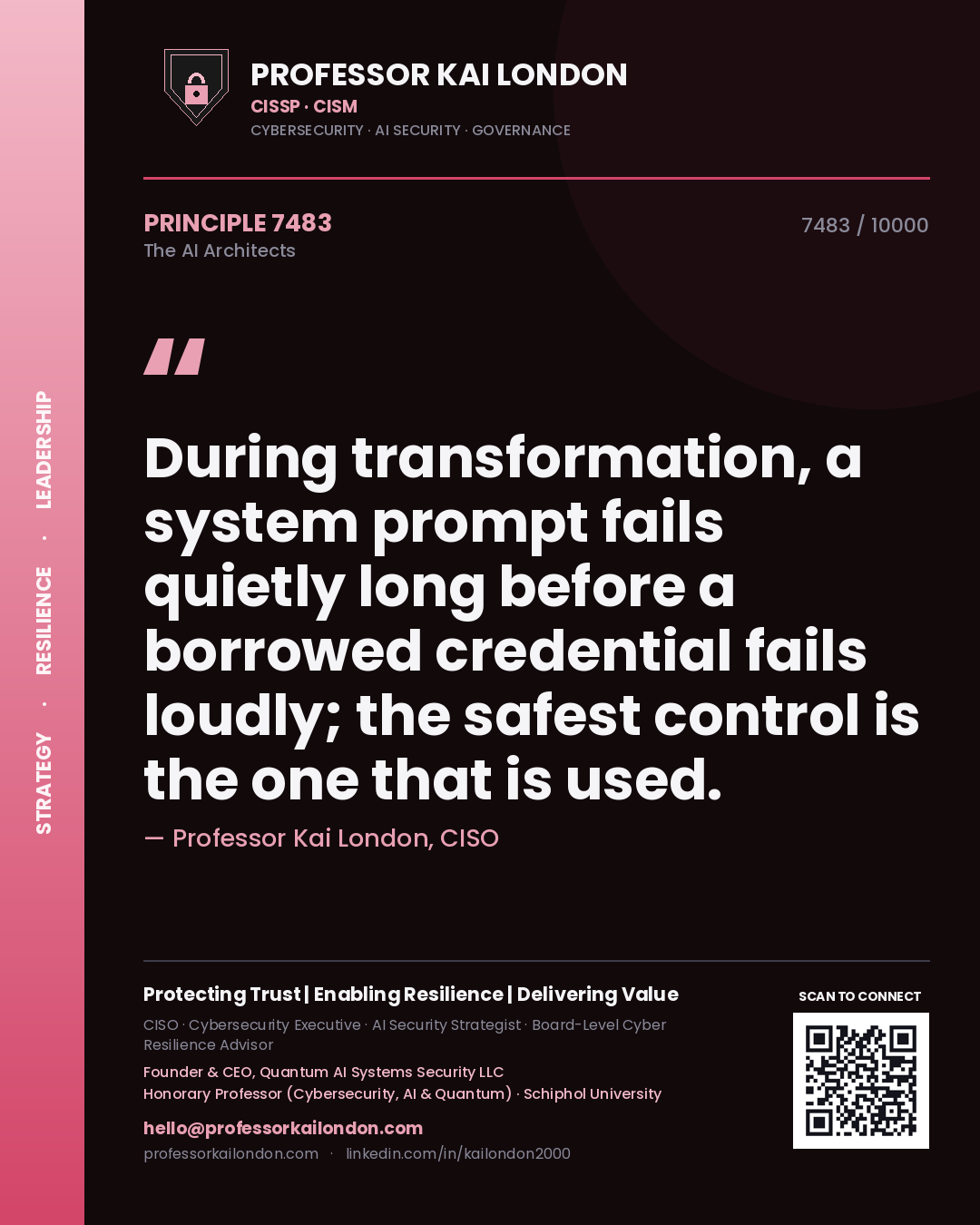 Quote card by Professor Kai London reading 'During transformation, a system prompt fails quietly long before a borrowed credential fails loudly; the safest control is the one that is used.'. From the book The AI Architects.