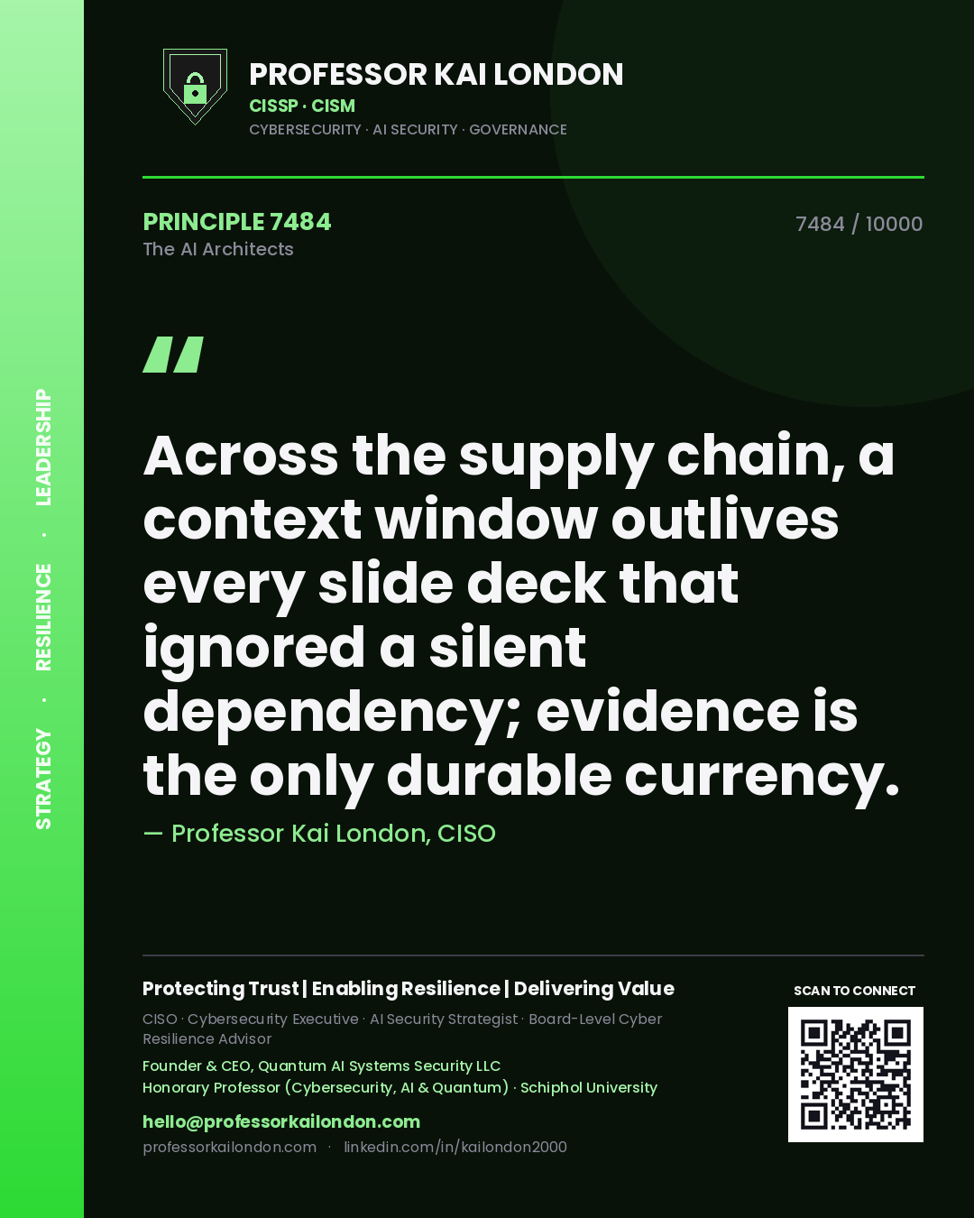 Quote card by Professor Kai London reading 'Across the supply chain, a context window outlives every slide deck that ignored a silent dependency; evidence is the only durable currency.'. From the book The AI Architects.