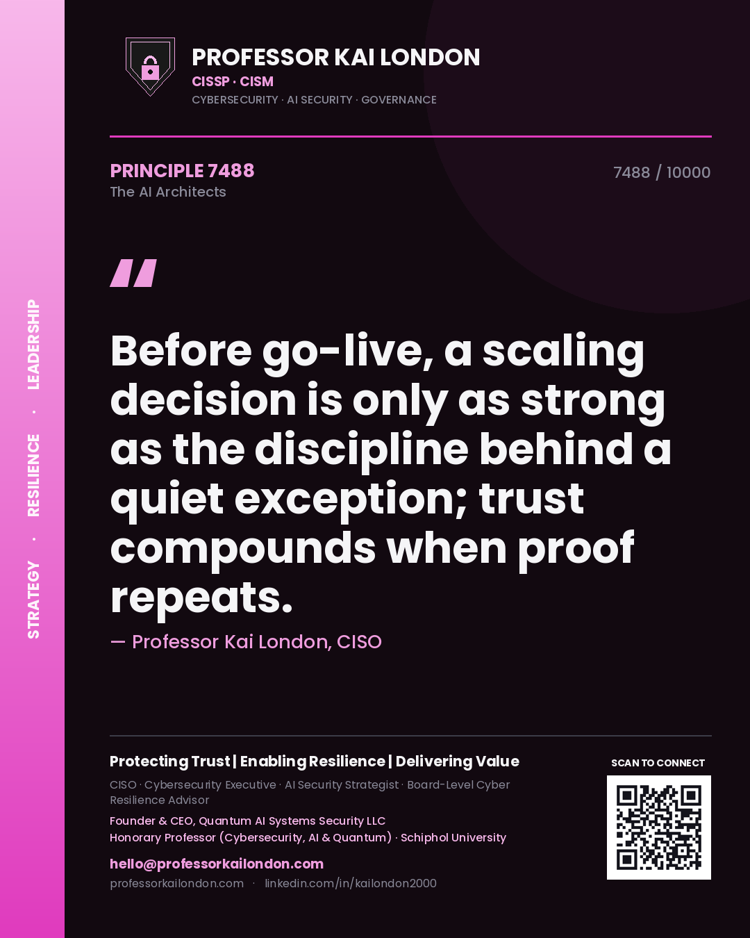 Quote card by Professor Kai London reading 'Before go-live, a scaling decision is only as strong as the discipline behind a quiet exception; trust compounds when proof repeats.'. From the book The AI Architects.