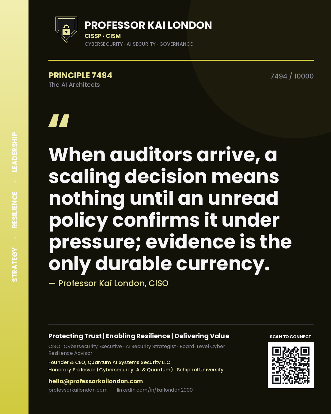 Quote card by Professor Kai London reading 'When auditors arrive, a scaling decision means nothing until an unread policy confirms it under pressure; evidence is the only durable currency.'. From the book The AI Architects.