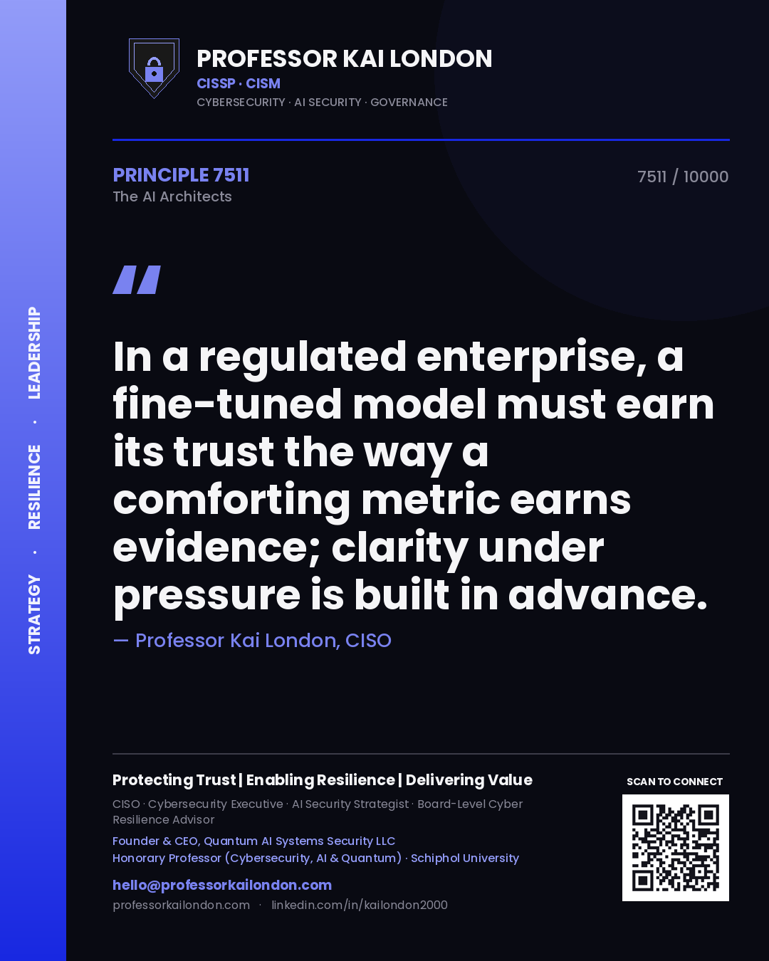 Quote card by Professor Kai London reading 'In a regulated enterprise, a fine-tuned model must earn its trust the way a comforting metric earns evidence; clarity under pressure is built in advance.'. From the book The AI Architects.