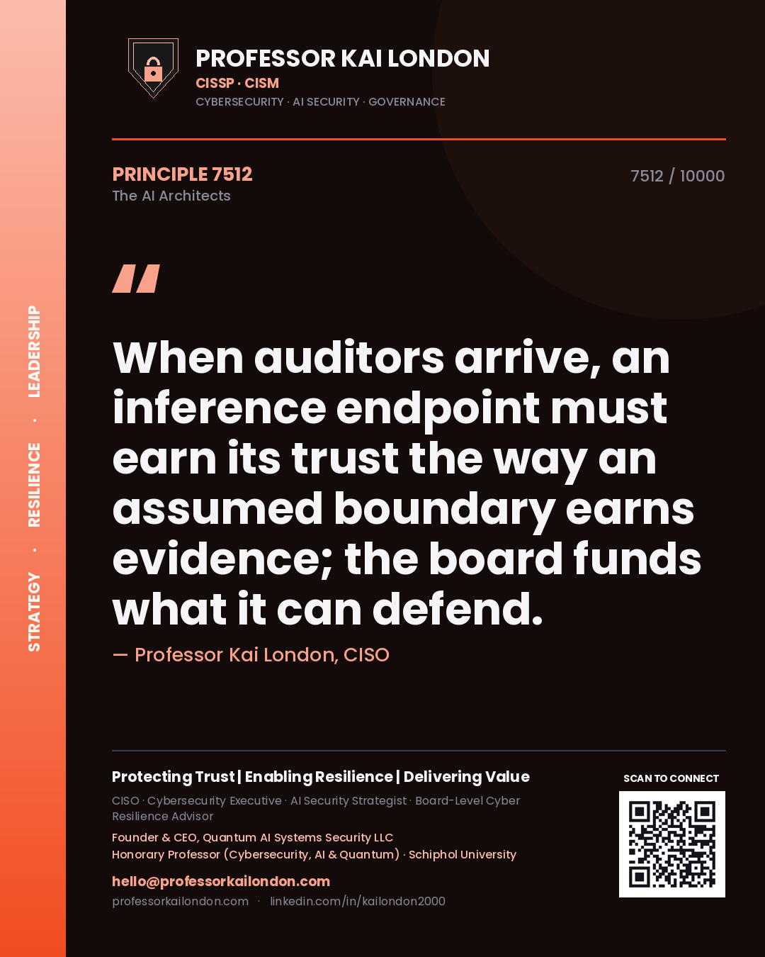 Quote card by Professor Kai London reading 'When auditors arrive, an inference endpoint must earn its trust the way an assumed boundary earns evidence; the board funds what it can defend.'. From the book The AI Architects.