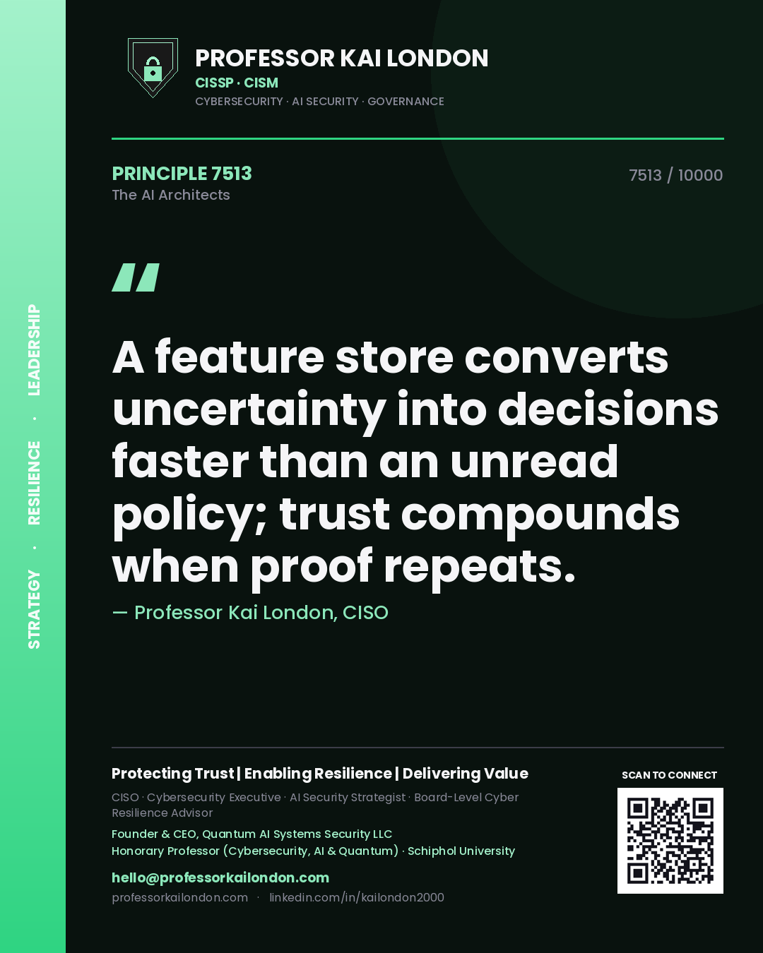 Quote card by Professor Kai London reading 'A feature store converts uncertainty into decisions faster than an unread policy; trust compounds when proof repeats.'. From the book The AI Architects.