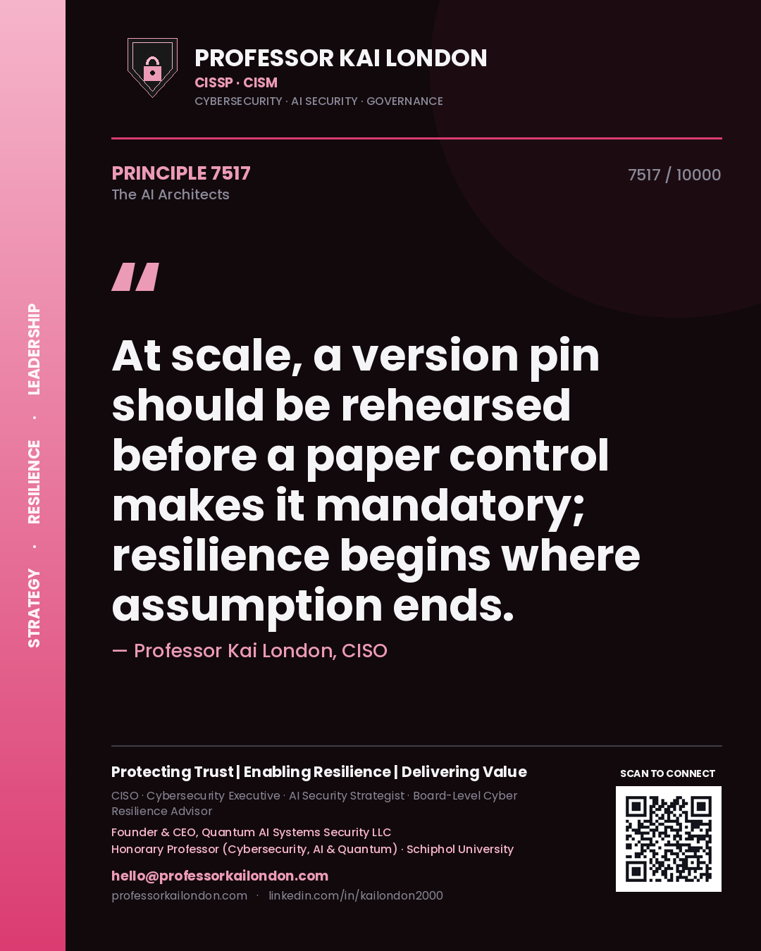 Quote card by Professor Kai London reading 'At scale, a version pin should be rehearsed before a paper control makes it mandatory; resilience begins where assumption ends.'. From the book The AI Architects.