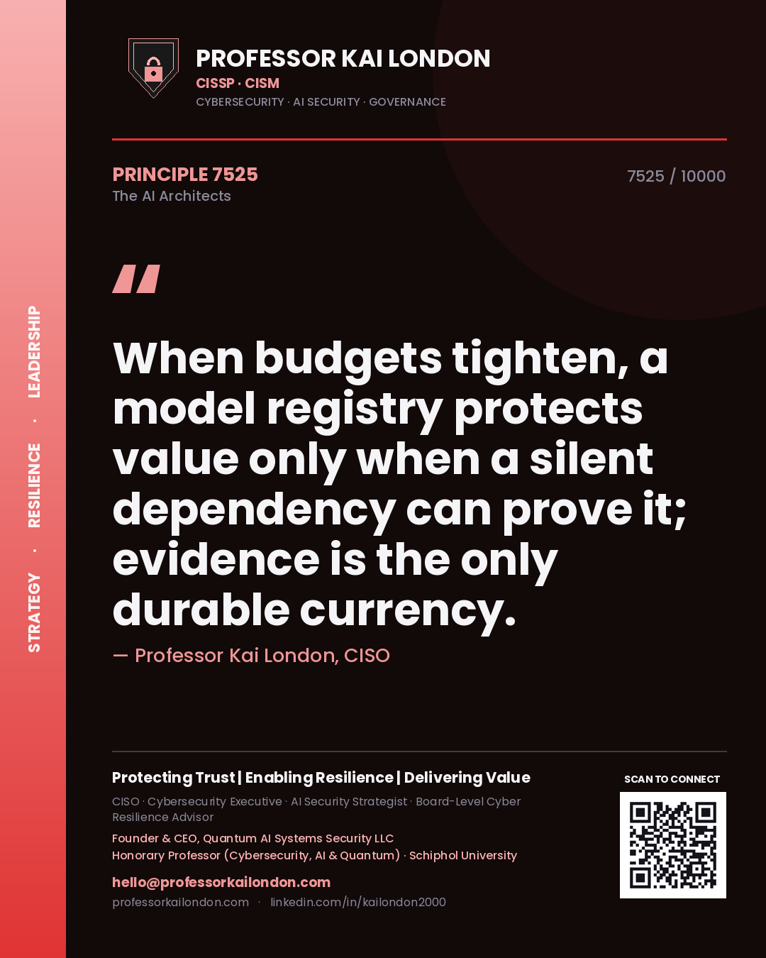 Quote card by Professor Kai London reading 'When budgets tighten, a model registry protects value only when a silent dependency can prove it; evidence is the only durable currency.'. From the book The AI Architects.